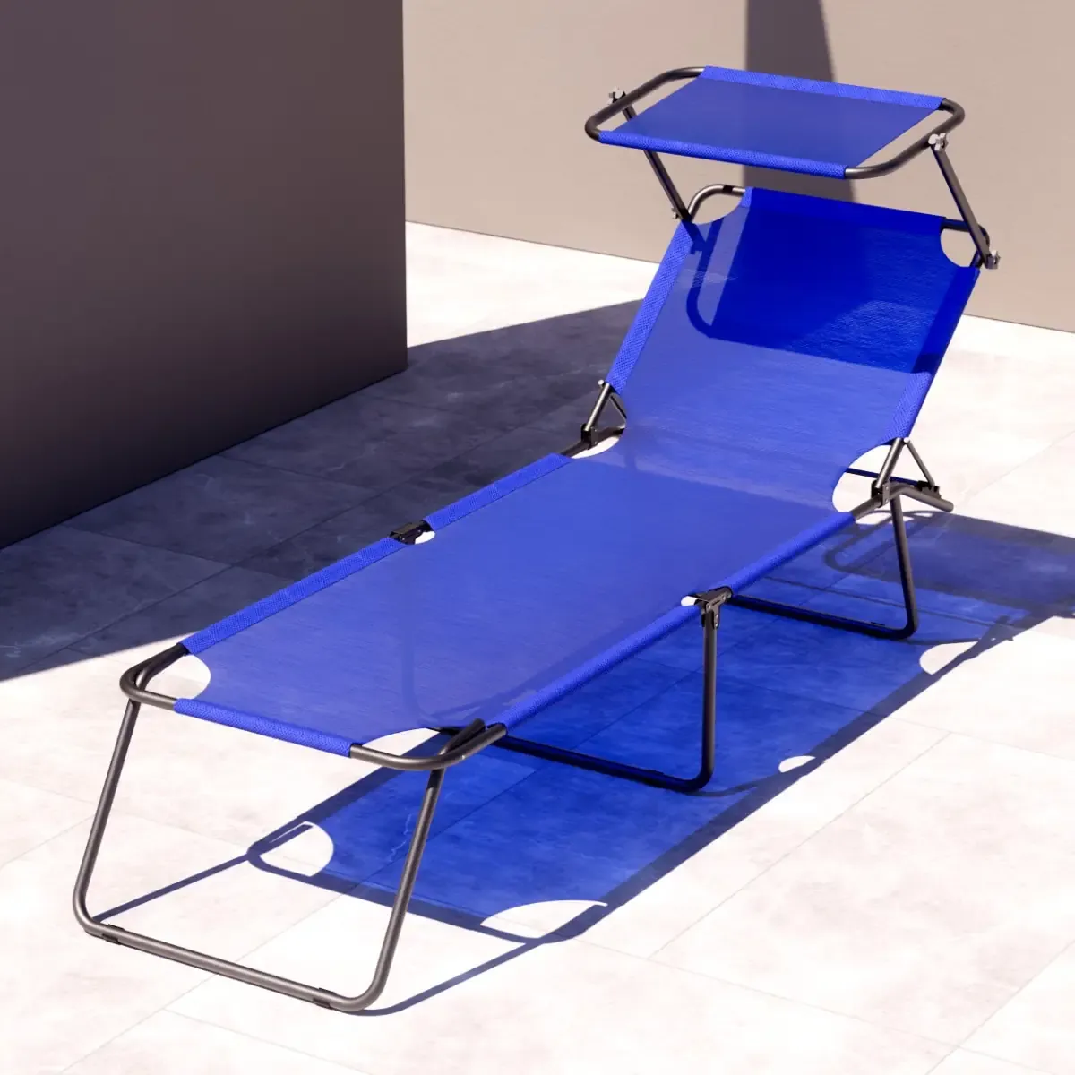 2 Lettini Pieghevoli con Tettuccio Regolabile e Schienale Reclinabile, Struttura in Metallo Nero, Sdraio Prendisole per Spiaggia, Mare, Giardino e Piscina - 187 x 53 x 24 cm (Blu)