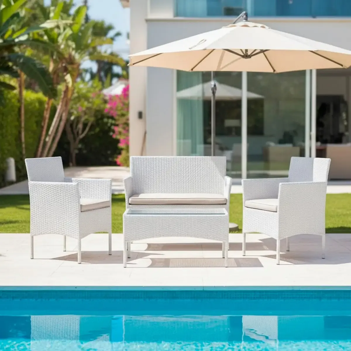 Set Di Mobili da Giardino Salotto Salottino in Rattan 4 Posti con Tavolino E Ripiano In Vetro 2 Poltrone e Divano 2 Posti Per Giardino Esterno Piscina Cuscini Sfoderabili (Bianco)
