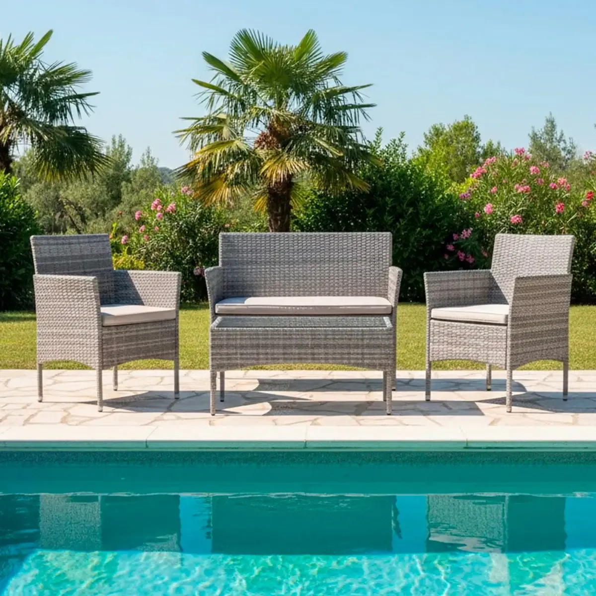Set Di Mobili da Giardino Salotto Salottino in Rattan 4 Posti con Tavolino E Ripiano In Vetro 2 Poltrone e Divano 2 Posti Per Giardino Esterno Piscina Cuscini Sfoderabili (Grigio)