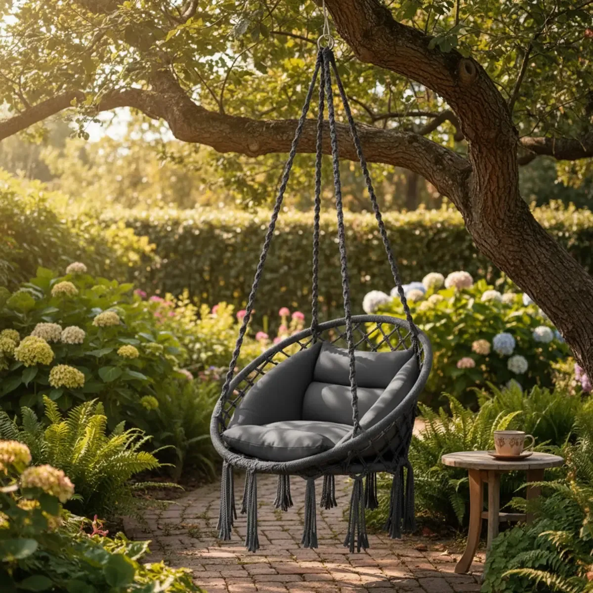 Poltrona Sospesa Pensile Da Giardino Con Corda In Cotone Effetto Macramè E Struttura In Acciaio Cuscino Sedia Dondolo Amaca Con Seduta Imbottita Esterno Terrazzo Design Moderno Fino A 160 Kg Grigio