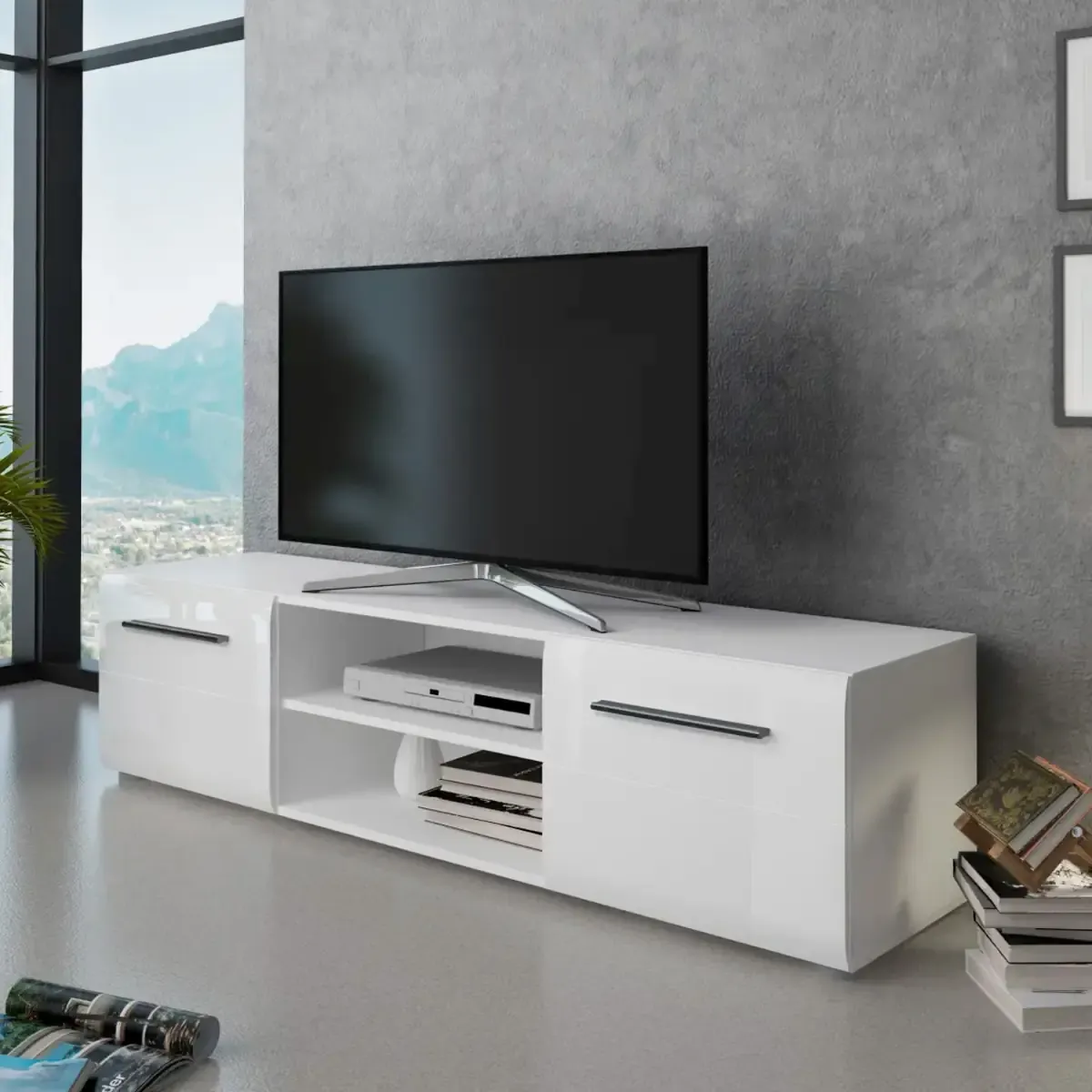 Mobile Porta TV Con Maniglie Nere Con 2 Ante E 2 Ripiani Aperti Design Moderno per Soggiorno Adatto A TV fino a 65 Pollici