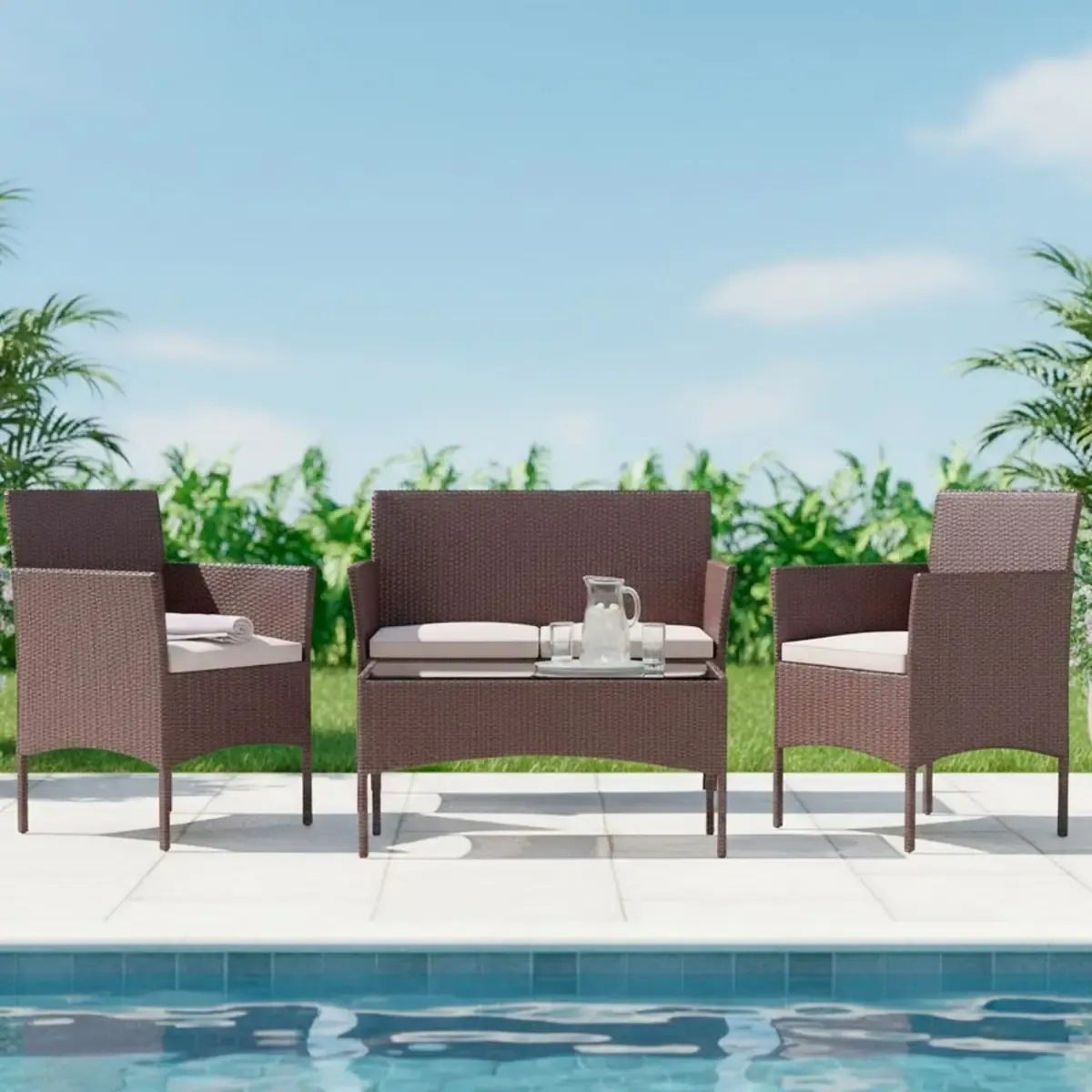 Set Di Mobili da Giardino Salotto Salottino in Rattan 4 Posti con Tavolino E Ripiano In Vetro 2 Poltrone e Divano 2 Posti Per Giardino Esterno Piscina Cuscini Sfoderabili (Brown)