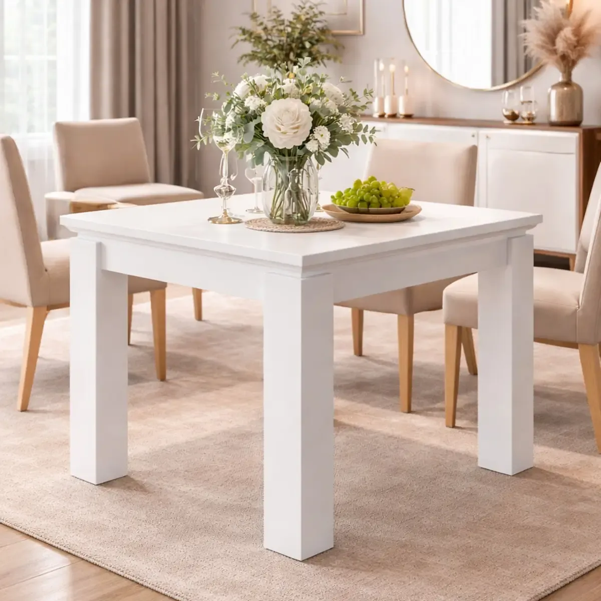 Tavolo Allungabile Moderno Da 4 A 8 Persone Gambe Spesse Design Minimal Meccanismo Centrale Estensibile Ideale Per Cucina o Sala da Pranzo 90 x 90 / 180 x 90 Cm Bianco