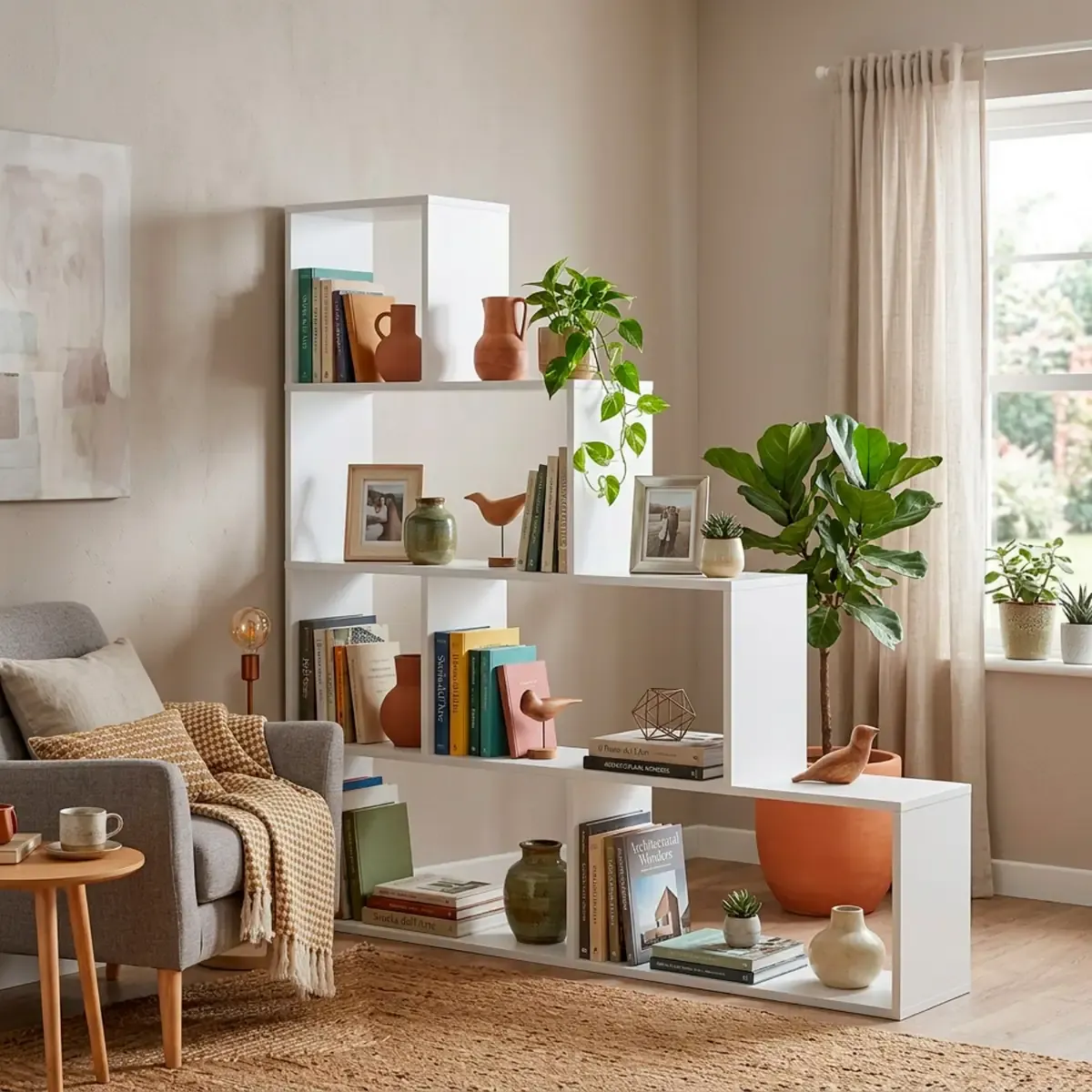 Libreria Design Zig Zag Scaffale Mensola Moderna 6 Vani A Giorni E Ripiani Mobile per Libri per Soggiorno Salotto Camera Studio 143 x 144.9 x 27.9 Cm Bianco