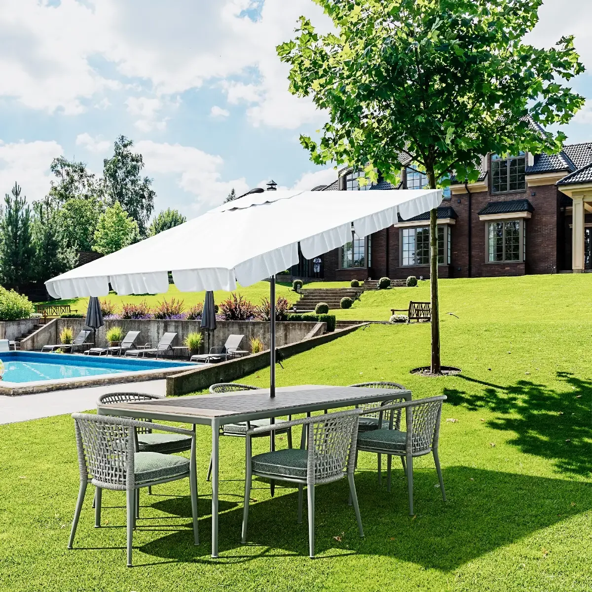 Ombrellone Rettangolare Da Giardino Parasole Per Balcone Con Inclinazione Regolabile Anti UV Impermeabile Ombreggiante Per Mare Spiaggia Piscina Terrazzo Facile Trasporto 198 x 125 Cm (Bianco)