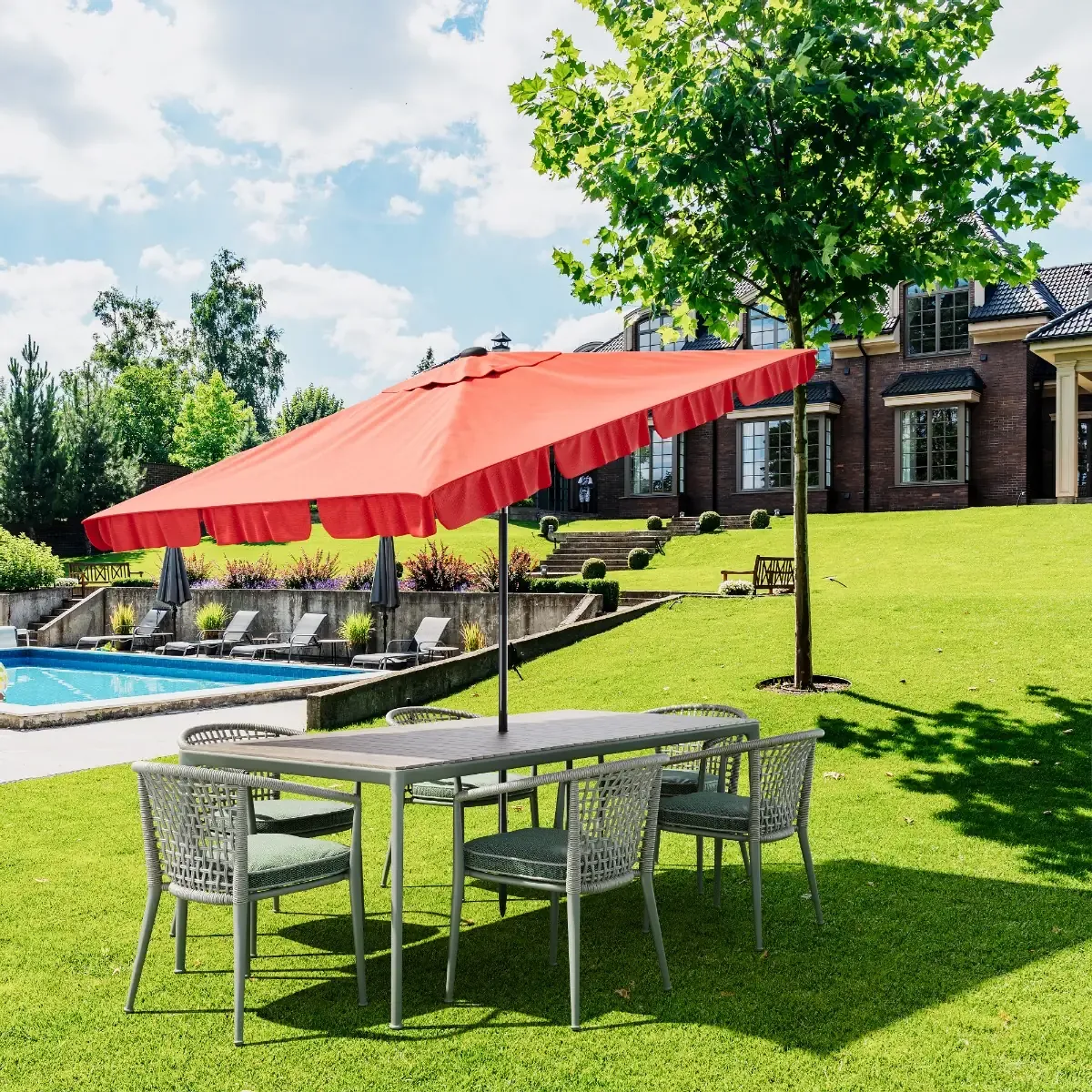 Ombrellone Rettangolare Da Giardino Parasole Per Balcone Con Inclinazione Regolabile Anti UV Impermeabile Ombreggiante Per Mare Spiaggia Piscina Terrazzo Facile Trasporto 198 x 125 Cm (Rosso)