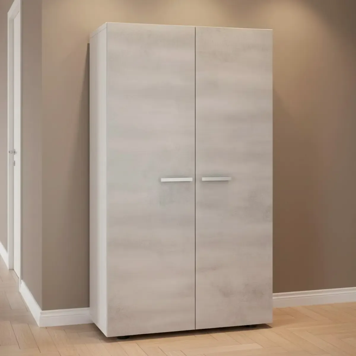 Armadio Mobiletto Portascarpe Huelva Scarpiera in Legno con Sette Ripiani e Due Ante 104 x 55 x 36 cm-Bianco e grigio cemento