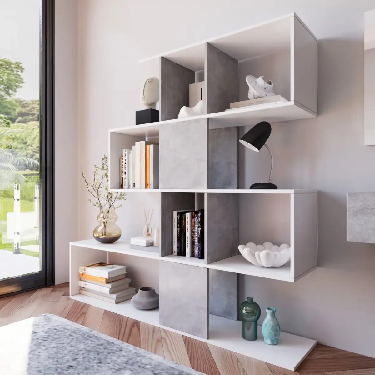 Libreria Moderna Asimmetrica Porta Libri Mensole Ripiani Design Bifacciale Con Vani Aperti e Chiusi Soggiorno Salotto 145 x 27,8 x 142 Cm Bianco e Grigio Cemento