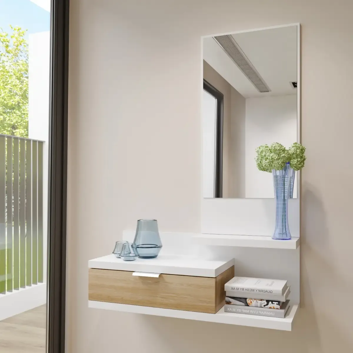 Mobile Ingresso Con Cassetto Specchio E Mensola Design Moderno Salvaspazio Ideale Per Ingresso Soggiorno Con Stile E Funzionalità 81 x 116 x 29 Cm Bianco E Rovere