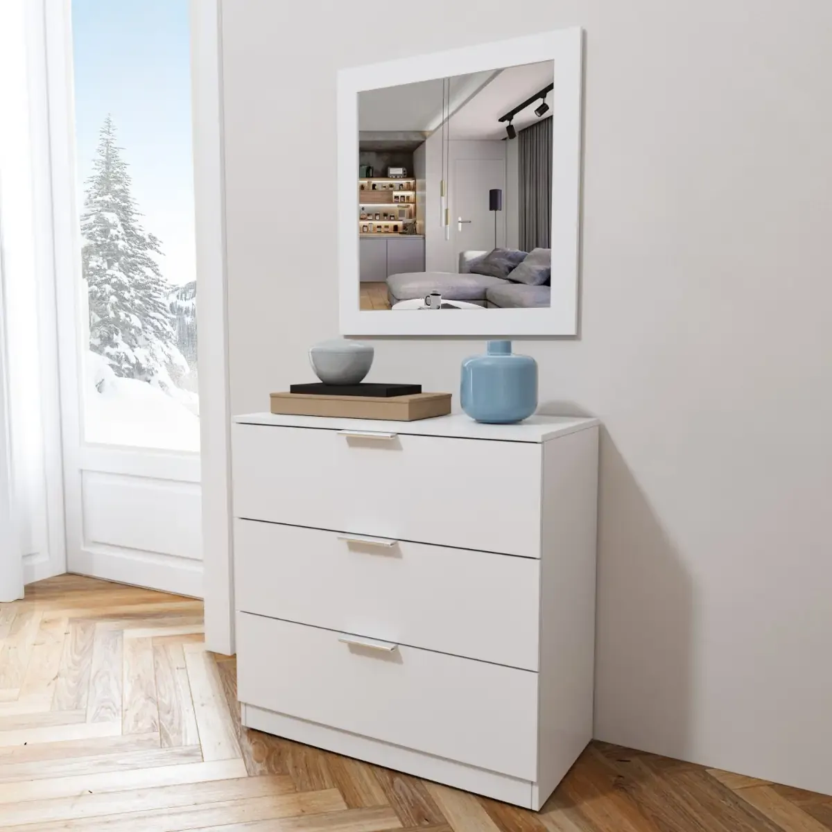 Cassettiera 3 Cassetti Comodino Senza Piedi Comò Mobile Camera da Letto Salvaspazio Finitura Antigraffio Design Minimal Moderno Arredo Casa Studio Lavanderia Corridoio 77 x 38 x 80 Cm Bianco