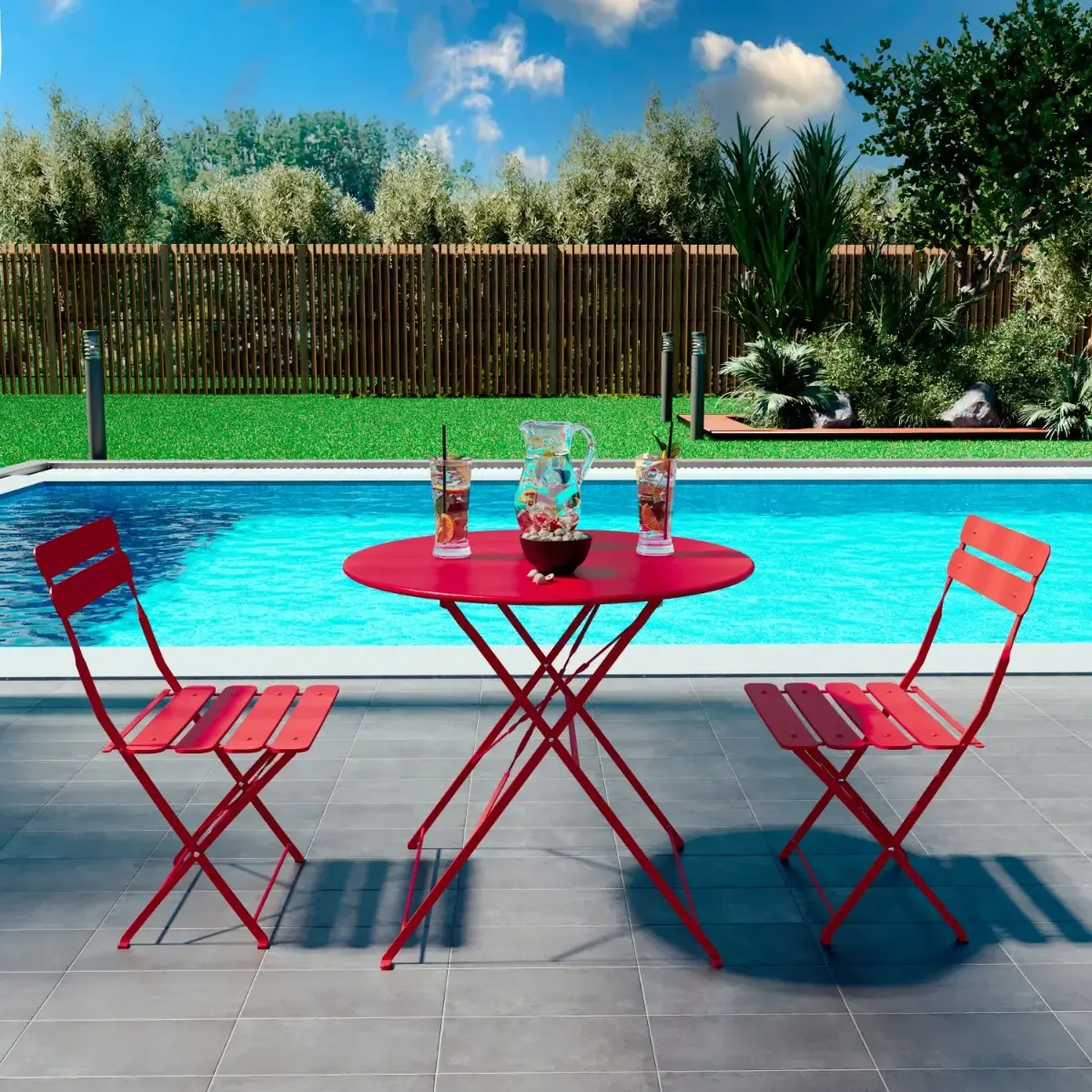 Set Bistrot 2 Sedie Con Tavolino Pieghevole Salvaspazio Salottino Salotto In Acciaio Per Patio Giardino Balcone Veranda Esterno Piscina Terrazzo Arredo Design Retro Industrial Shocking Red