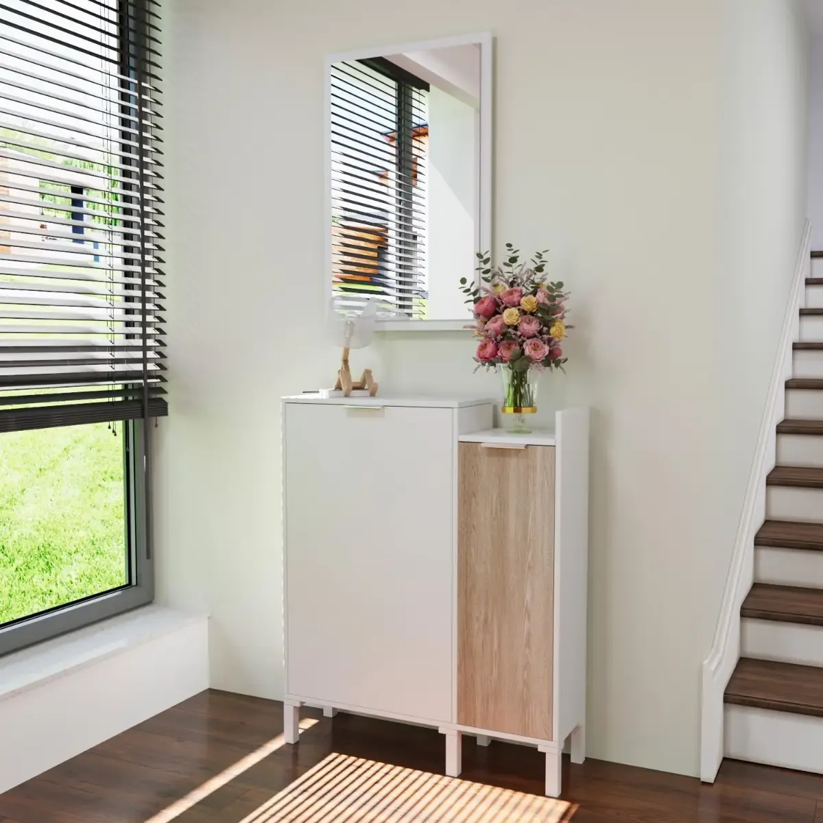 Mobile Da Ingresso Corridoio Con Specchio Set Casa Salvaspazio Entratina Con Ripiani Per Scarpe Chiavi Accessori In Legno Design Moderno Arredo Arredamento 91 x 77 x 24 Cm Bianco E Rovere