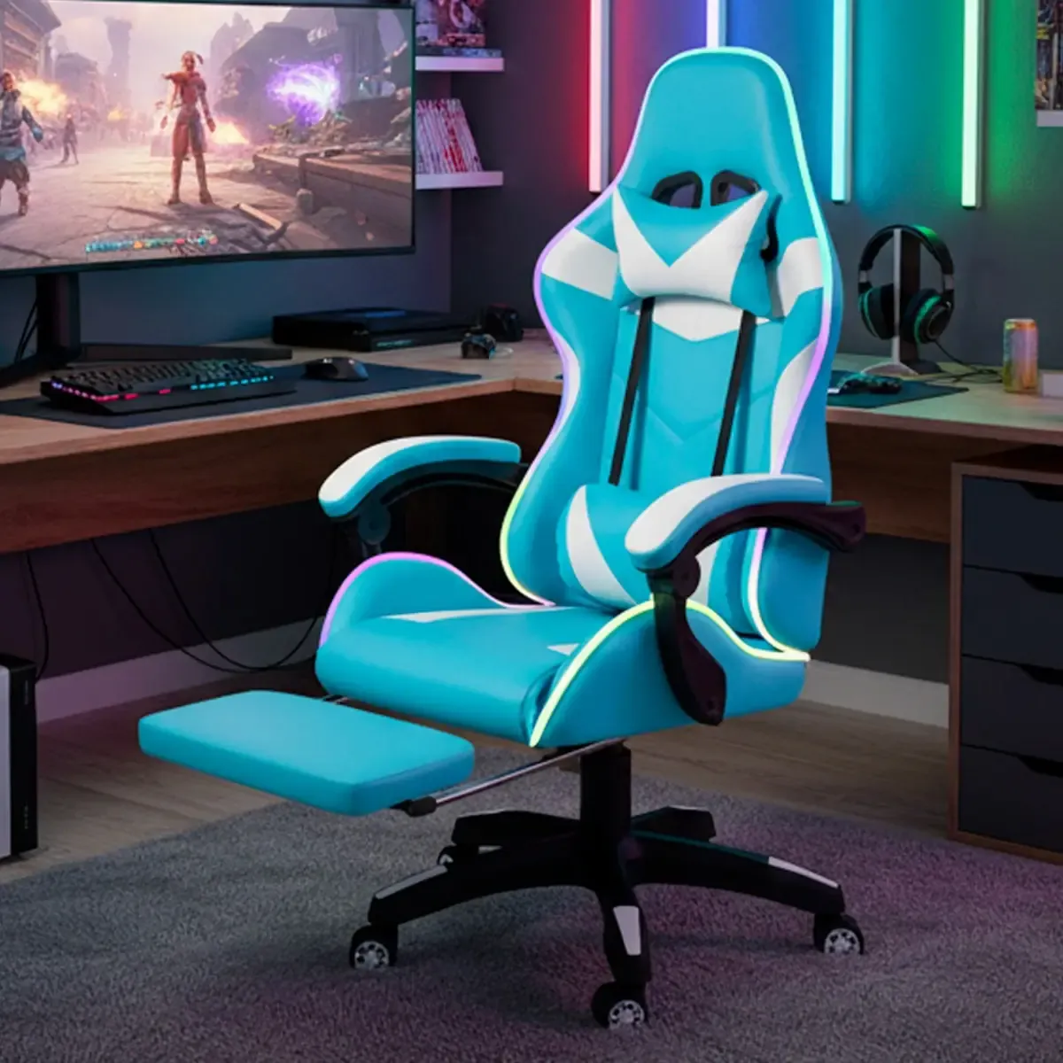 Sedia Gaming Con LED RGB e Telecomando Poltrona Ufficio Scrivania Casa PC Stile Racing Girevole Ergonomica In Ecopelle Cuscino Supporto Lombare Poggiapiedi Poggiatesta Braccioli (Azzurro e Bianco)