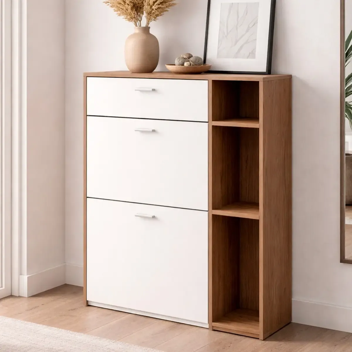 Scarpiera Mobile Portascarpe Salvaspazio Ingresso Con 2 Ribalte Doppia Profondità 1 Cassetto 3 Vani A Giorno Design Moderno Per Corridoio Sala 90 x 101.5 x 26 Cm Bianco e Noce