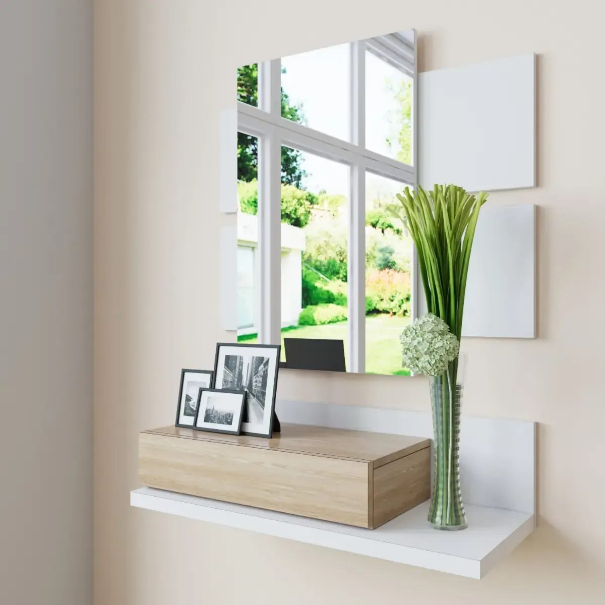 Mobiletto Per Ingresso Con Cassetto E Specchio Sospeso Valdemossa Mobile Di Design Moderno Parete Attrezzata Con Vano Porta Accessori Per Corridoio Soggiorno 75 x 116 x 29 Cm Rovere Canadese / Bianco