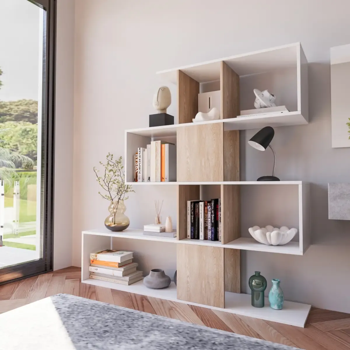 Libreria Elche Design Zig Zag Scaffale Mensola Moderna Bianca Rovere Mobile per Libri con Ripiani per Soggiorno Salotto 145 x 145 x 29 cm (Colore Bianco e Rovere)