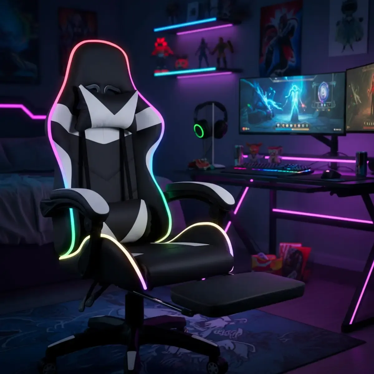 Sedia Gaming Con LED RGB e Telecomando Poltrona Ufficio Scrivania Casa PC Stile Racing Girevole Ergonomica In Ecopelle Cuscino Supporto Lombare Poggiapiedi Poggiatesta Braccioli (Nero e Bianco)
