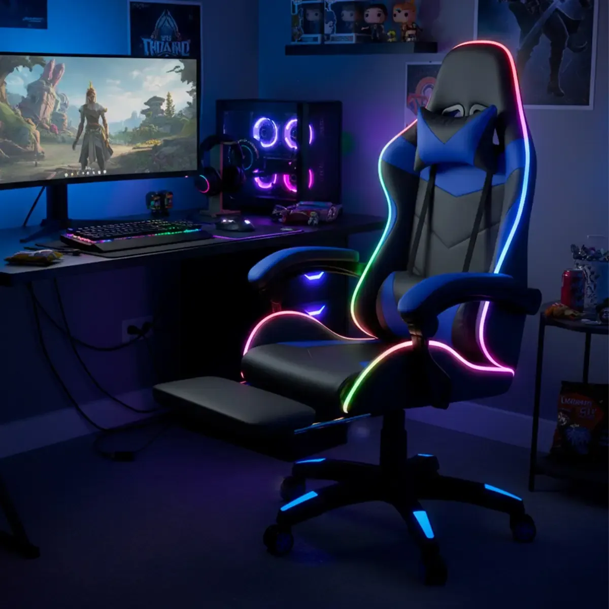 Sedia Gaming Con LED RGB e Telecomando Poltrona Ufficio Scrivania Casa PC Stile Racing Girevole Ergonomica In Ecopelle Cuscino Supporto Lombare Poggiapiedi Poggiatesta Braccioli (Nero e Blue)