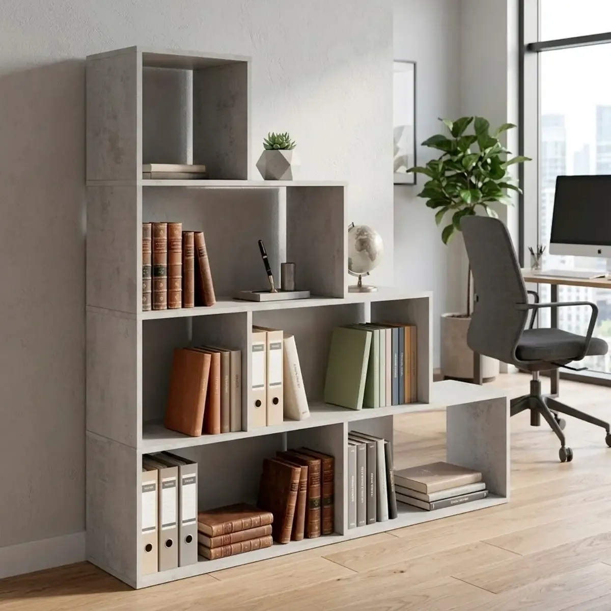 Libreria Design Zig Zag Scaffale Mensola Moderna 6 Vani A Giorni E Ripiani Mobile per Libri per Soggiorno Salotto Camera Studio 143 x 144.9 x 27.9 Cm Grigio Cemento