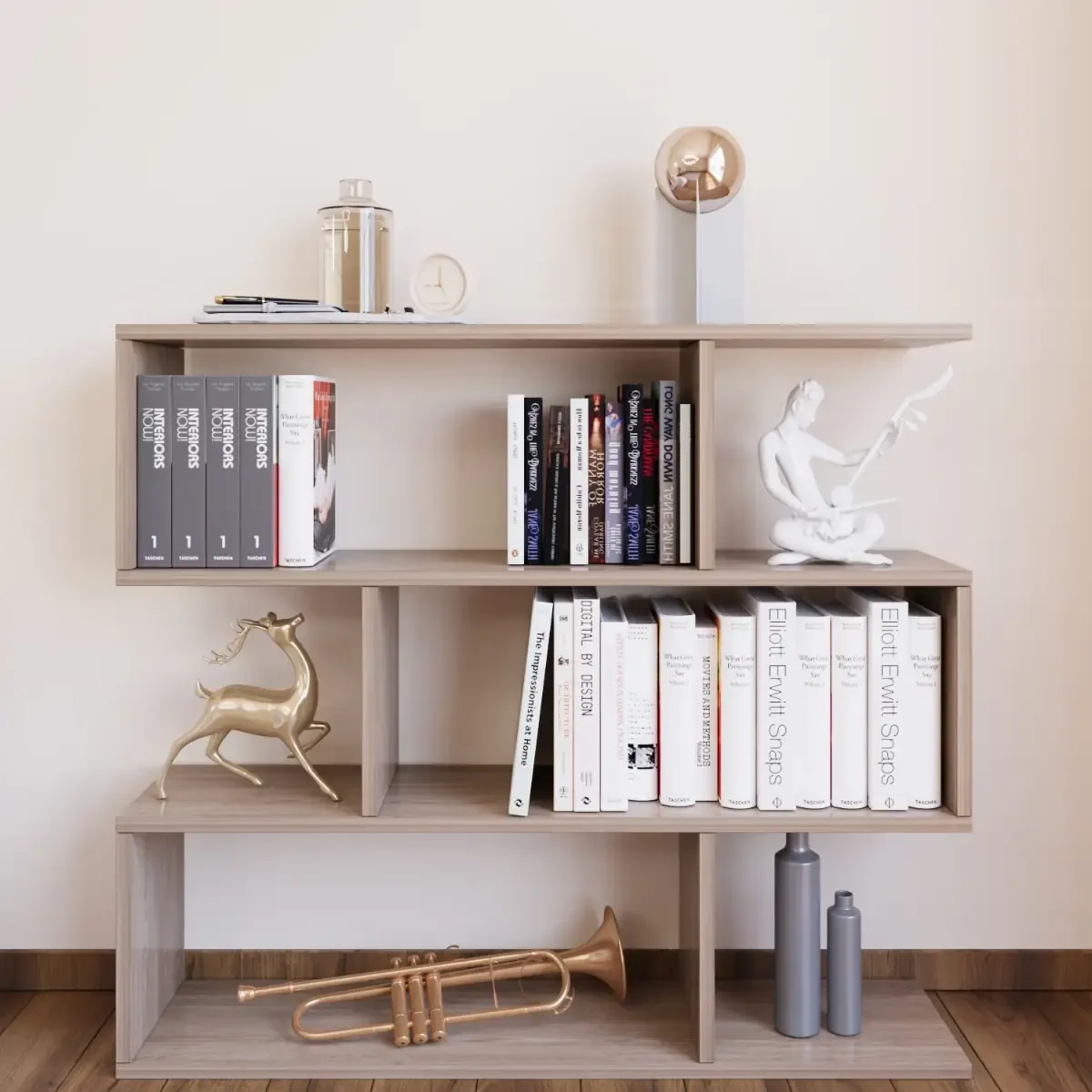 Libreria Da Terra Con Scaffali, Mensole Zig Zag 6 Vani Portaoggetti, Friburgo Con 4 Ripiani Di Design Moderno Per Soggiorno Casa Studio Ufficio Sala Per Libri, Riviste 97 x 110 x 25 cm Rovere