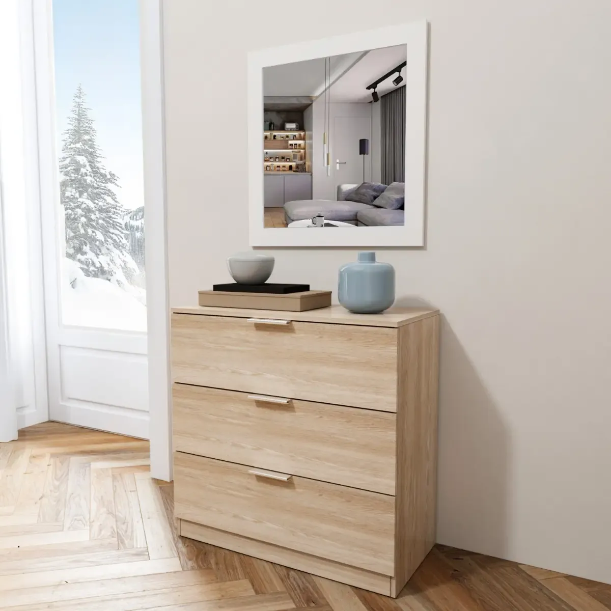 Cassettiera 3 Cassetti Comodino Senza Piedi Comò Mobile Camera da Letto Salvaspazio Finitura Antigraffio Design Minimal Moderno Arredo Casa Studio Lavanderia Corridoio 77 x 38 x 80 Cm Rovere