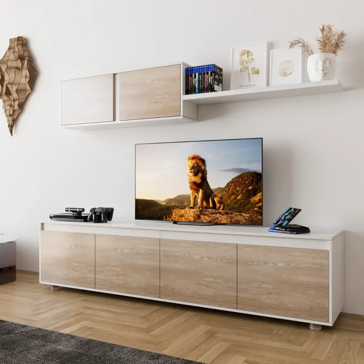 Parete Attrezzata Da Soggiorno Mobile TV 4 ante Pensile Con Pistoni A Gas E Mensola Sospesa Design Moderno Salvaspazio Salotto Odessa 200 x 43 x 41 Cm Bianco Lucido E Rovere