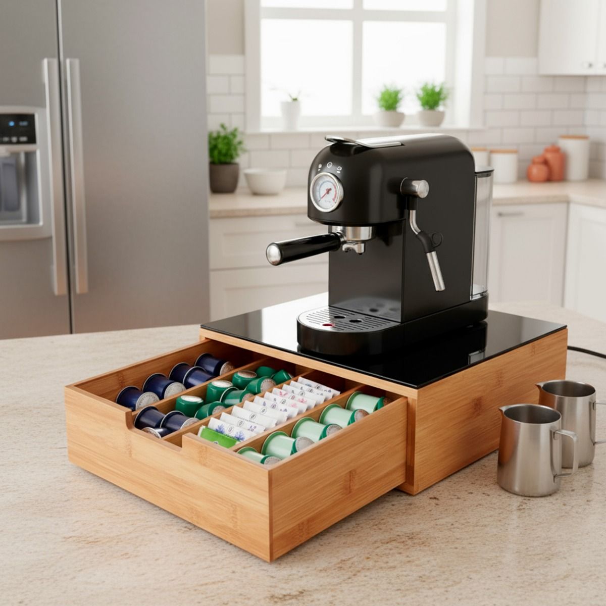 Porta Cialde In Bambù Con Cassetto 4 Scomparti Ripiano in Vetro Organizer Capsule Caffè Cialde Bustine Tè Tisane Zucchero Design Elegante per Cucina e Ufficio 30 x 30 x 10 Cm Marrone