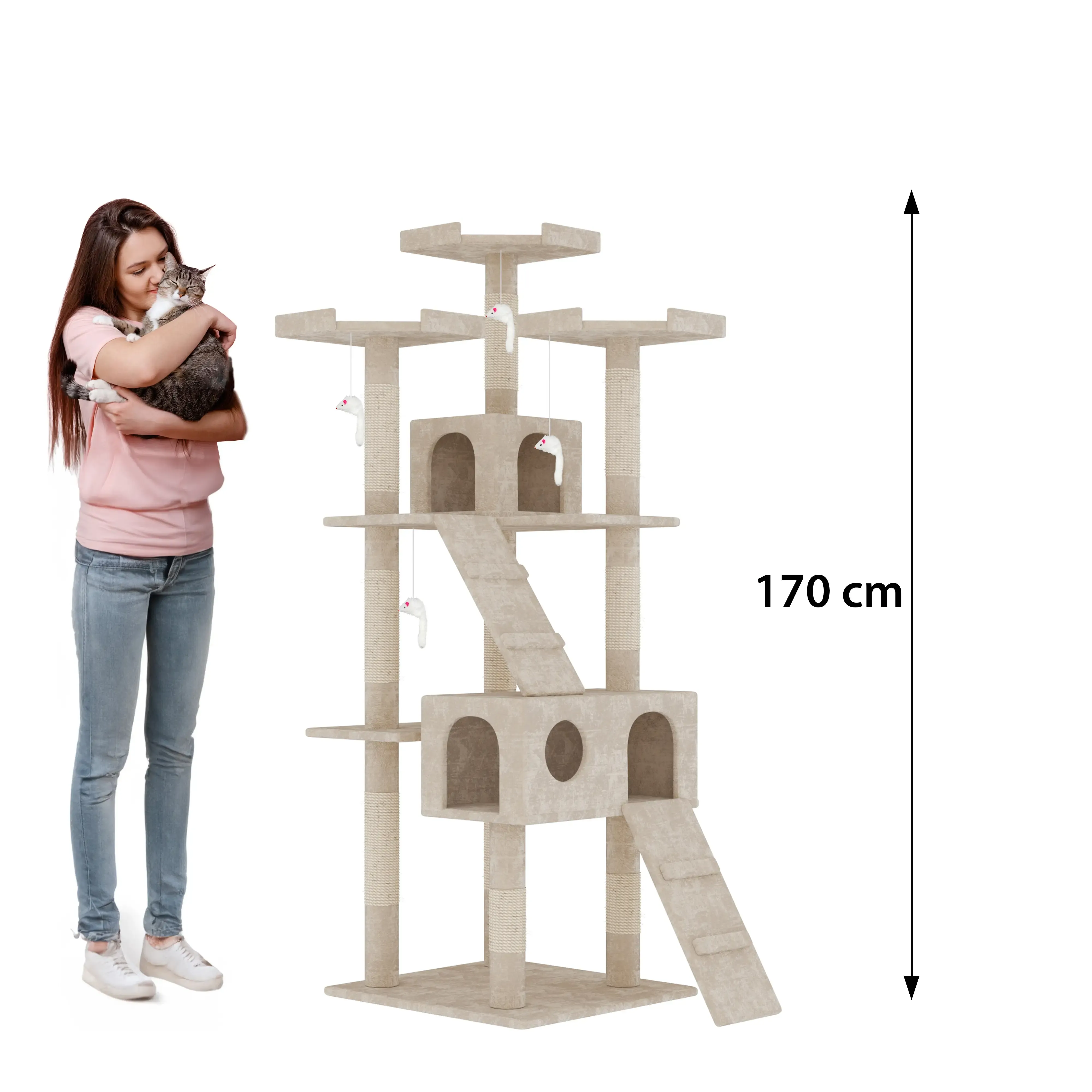Albero per Gatto con Graffiatoio Cuccia Giocattolo Gatti Parco Giochi Tiragraffi in Sisal Naturale 170 x 49 x 49 cm