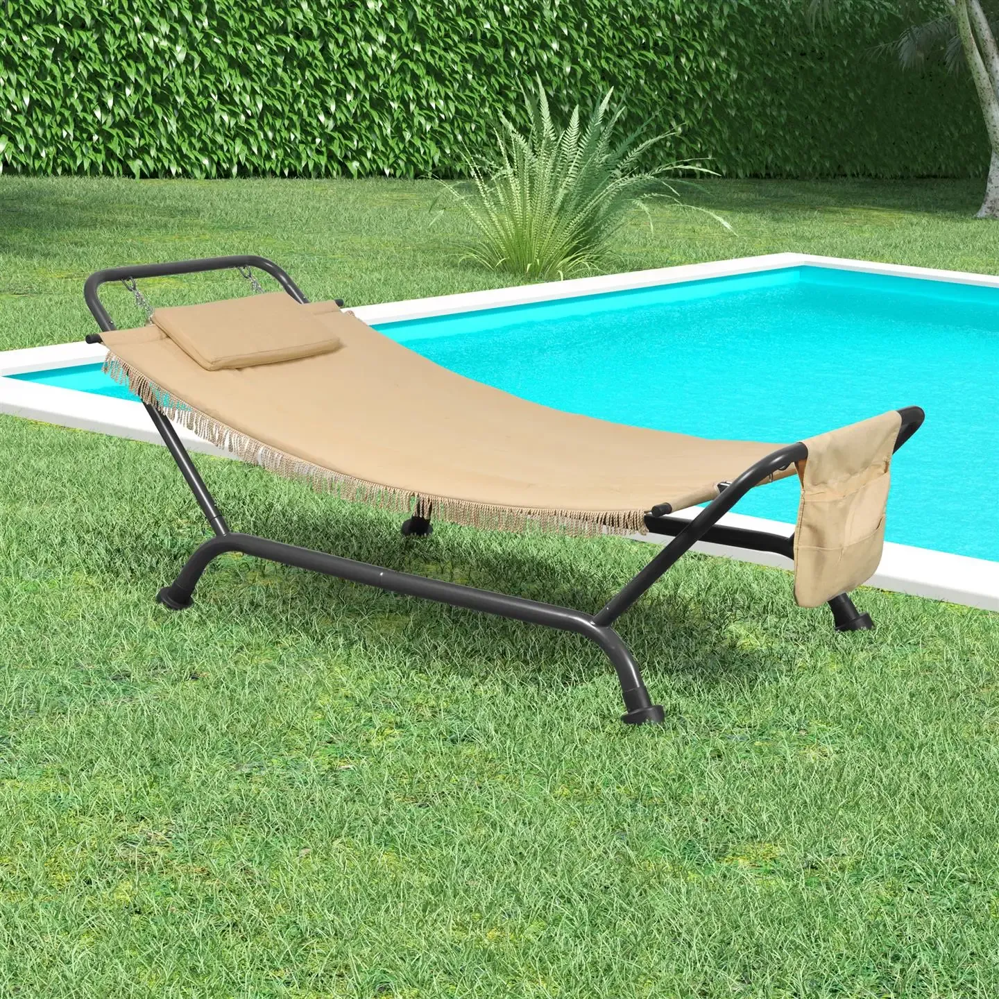 Amaca Da Giardino Con Supporto In Acciaio E Telo In Poliestere Resistente Con Cuscino E Telo Portaoggetti Per Esterno Terrazzo Piscina Balcone Portata Max 120 Kg Design Maluku 232 x 96 x 78 Cm Beige