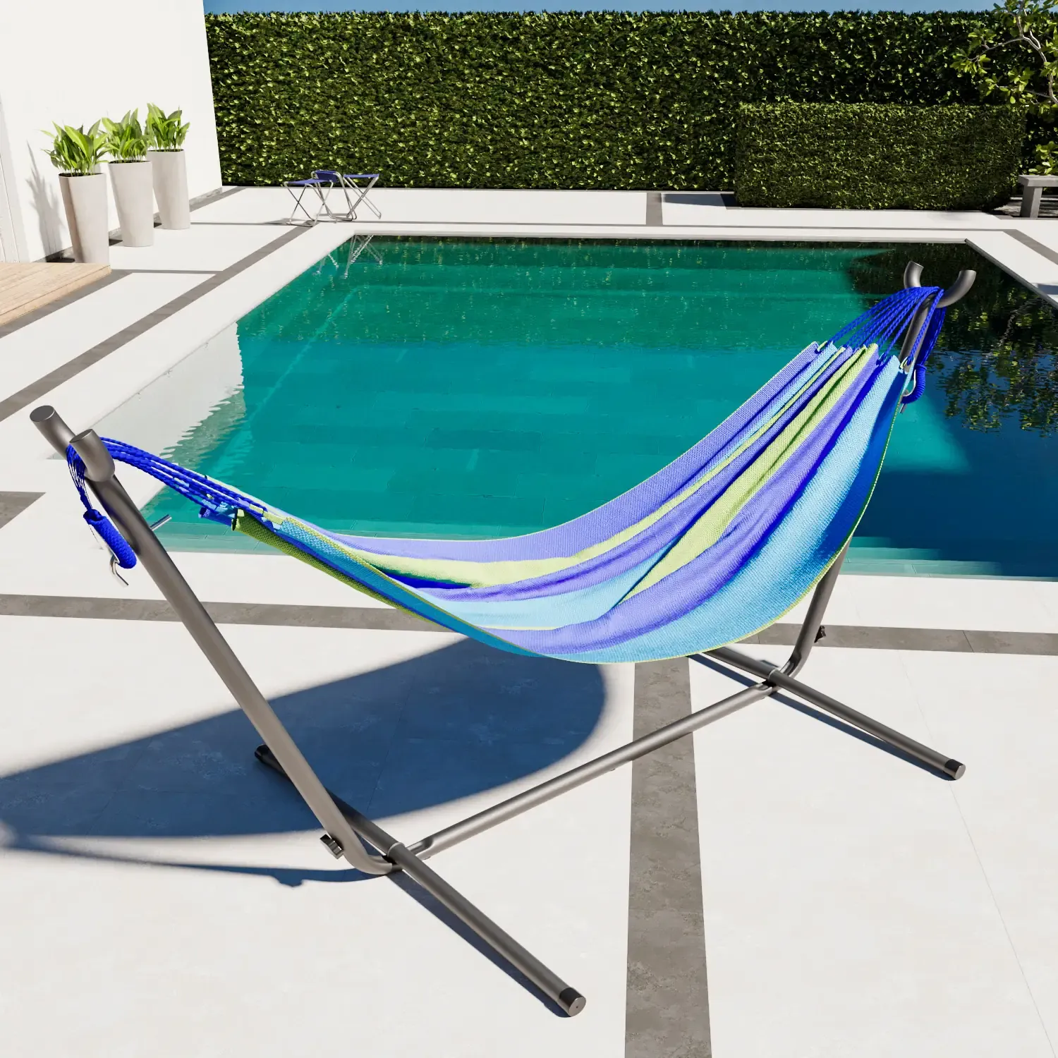 Amaca Da Giardino Con Supporto In Acciaio Portata 200 Kg Altezza Regolabile Telo Cotone Resistente Amaca Brasiliana Esterno Terrazzo Piscina Balcone Con Borsa 265 x 110 x 100 Cm Multicolore Blu