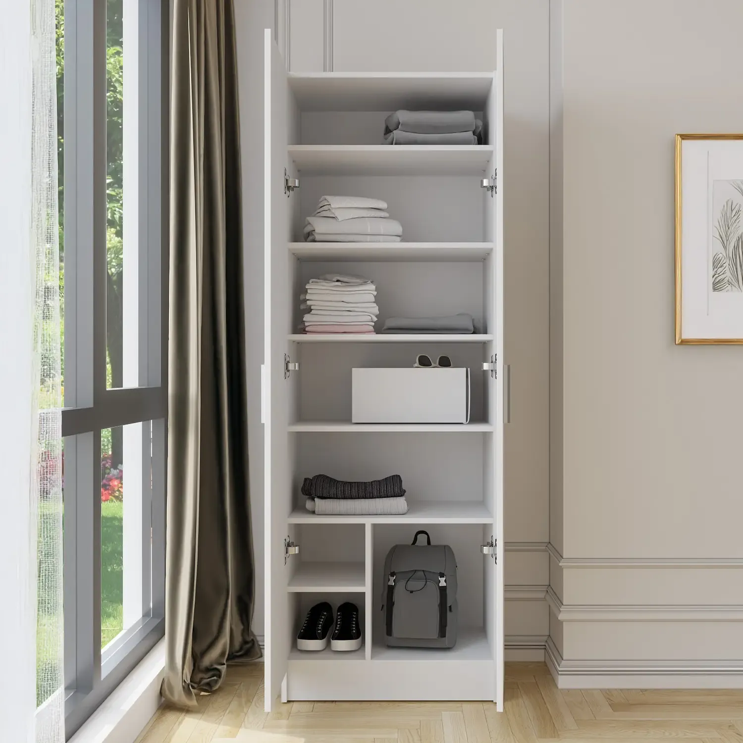 Armadio Armadietto Multiuso A Colonna Con 2 ante e 8 Ripiani Scarpiera Portascarpe Ingresso Camera Da Letto Design Moderno Arredo Arredamento Elegante Alforja 59 x 37 x 180 Cm Colore Bianco