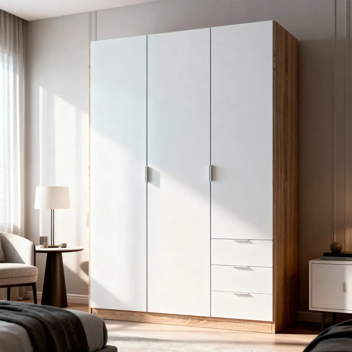 Armadio Guardaroba 3 Ante Con Asta Appendiabiti 3 Ripiani E 3 Cassetti Design Moderno Stile Nordico Salvaspazio Camera Da Letto Ospiti Multifunzione 121 x 52 x 180 Cm-Bianco e rovere