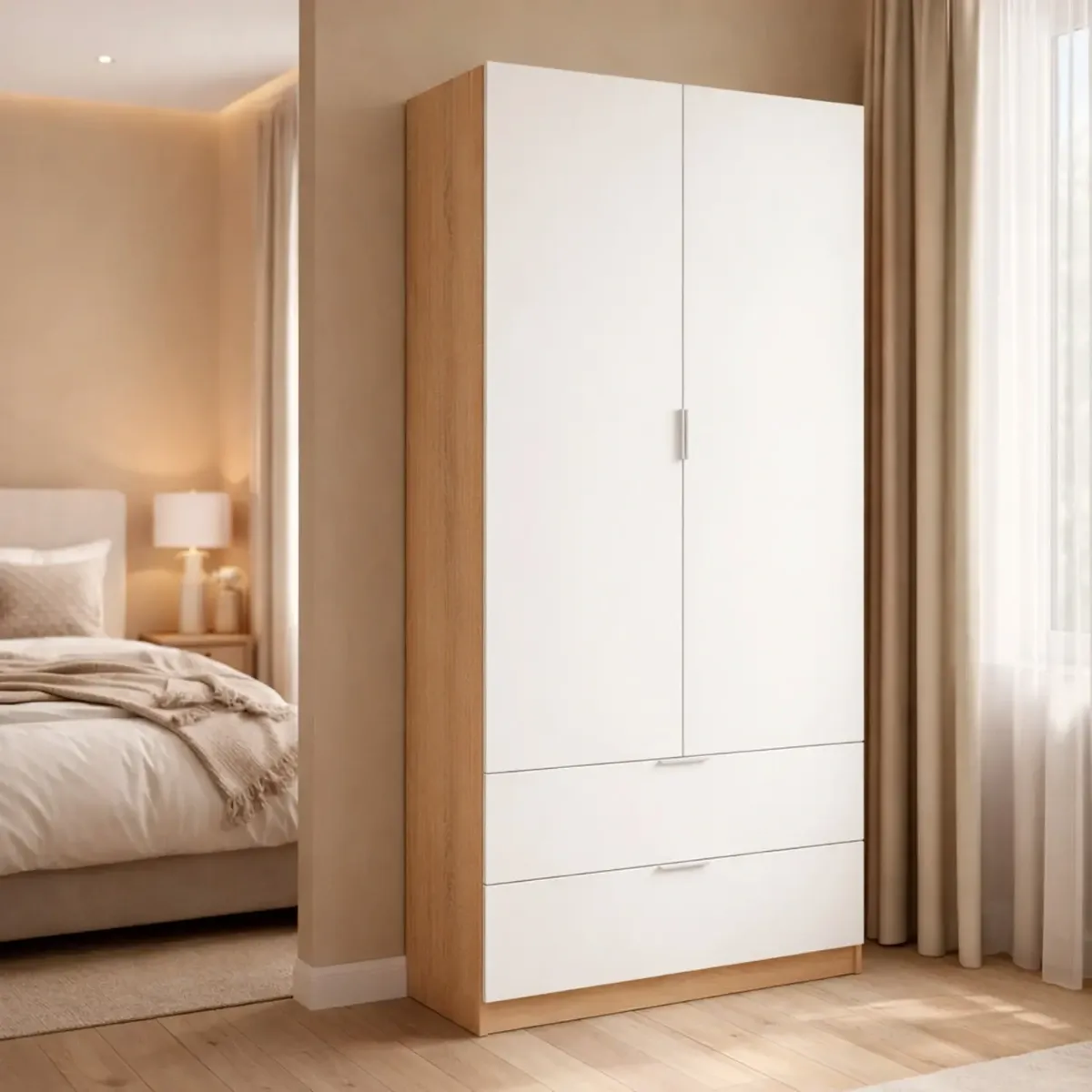 Armadio Guardaroba Con 2 Ante Battenti Asta Appendiabiti E 2 Cassetti Design Moderno Stile Nordico Per Camera da Letto Ospiti Ambienti Multifunzione 80 x 52 x 180 Cm-Bianco e rovere