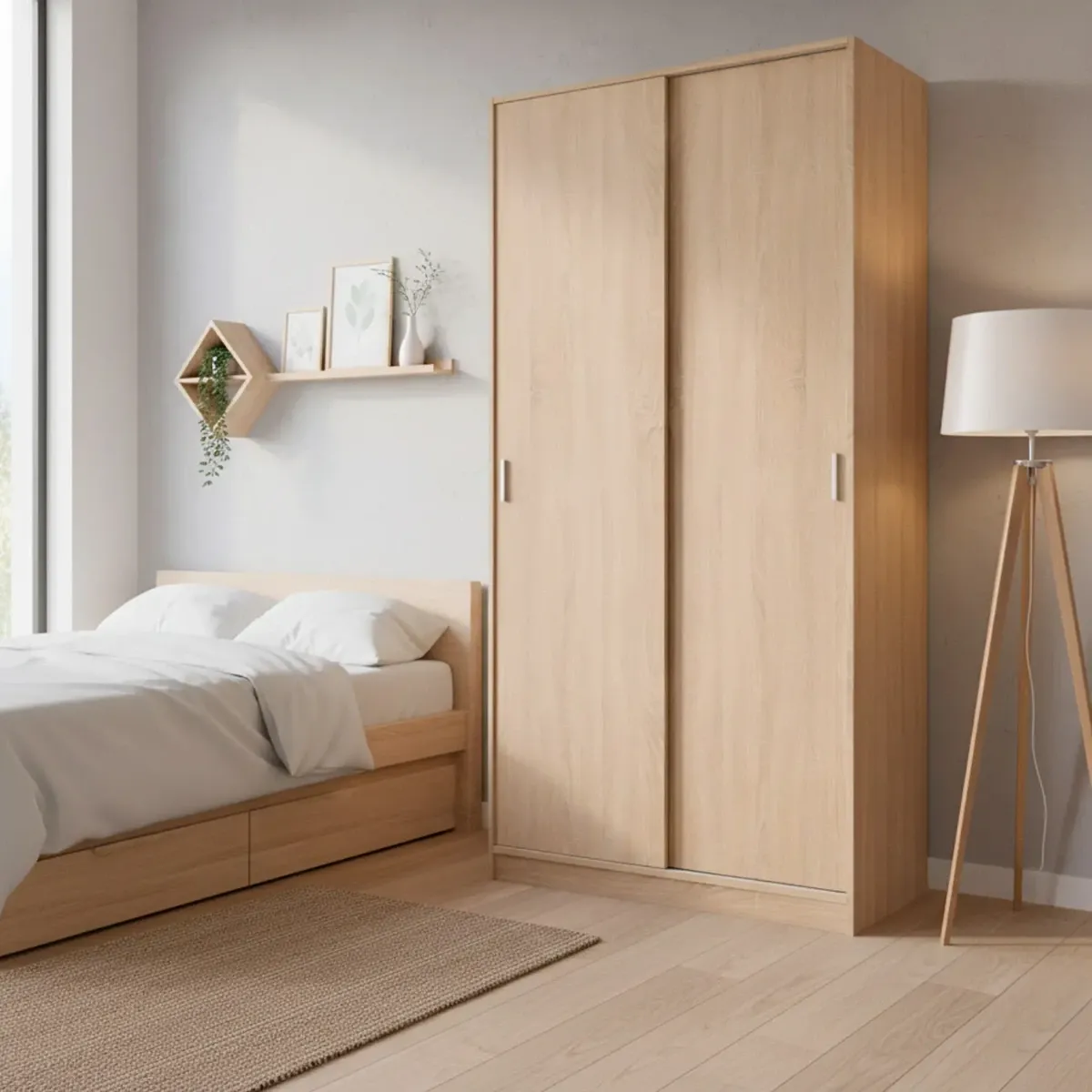 Armadio Guardaroba Vestiti 2 Ante Scorrevoli 1 Ripiano Con Barra Appendiabiti Salvaspazio Ideale Per Arredare Camera Da Letto Stanza Matrimoniale Cameretta 200 x 100 x 50 Cm-Rovere Canadese