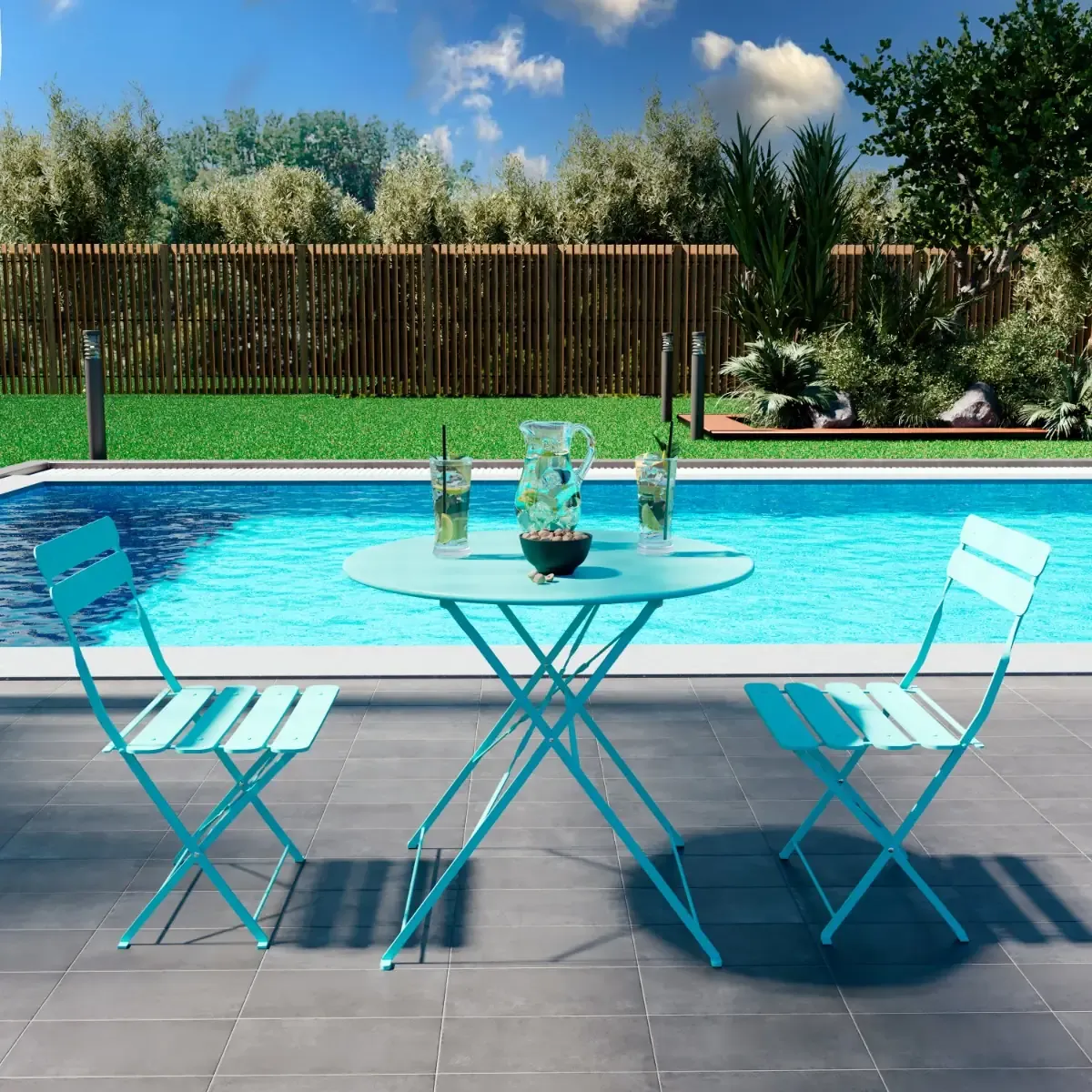 Set Bistrot 2 Sedie Con Tavolino Pieghevole Salvaspazio Salottino Salotto In Acciaio Per Patio Giardino Balcone Veranda Esterno Piscina Terrazzo Arredo Design Retro Industrial Azzurro