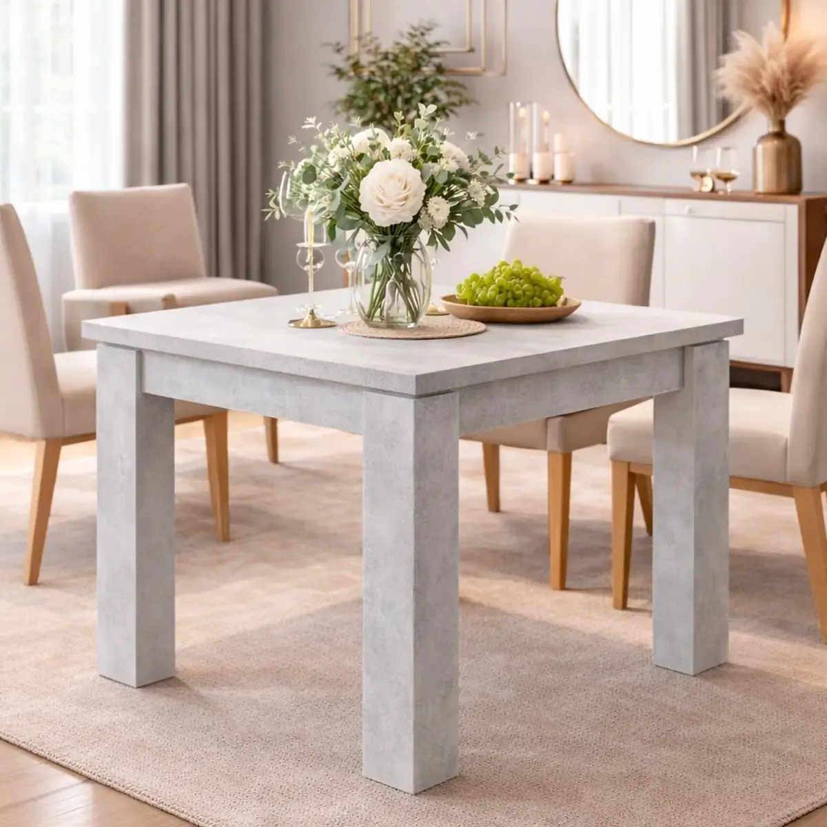 Tavolo Allungabile Moderno Da 4 A 8 Persone Gambe Spesse Design Minimal Meccanismo Centrale Estensibile Ideale Per Cucina o Sala da Pranzo 90 x 90 / 180 x 90 Cm Grigio Cemento