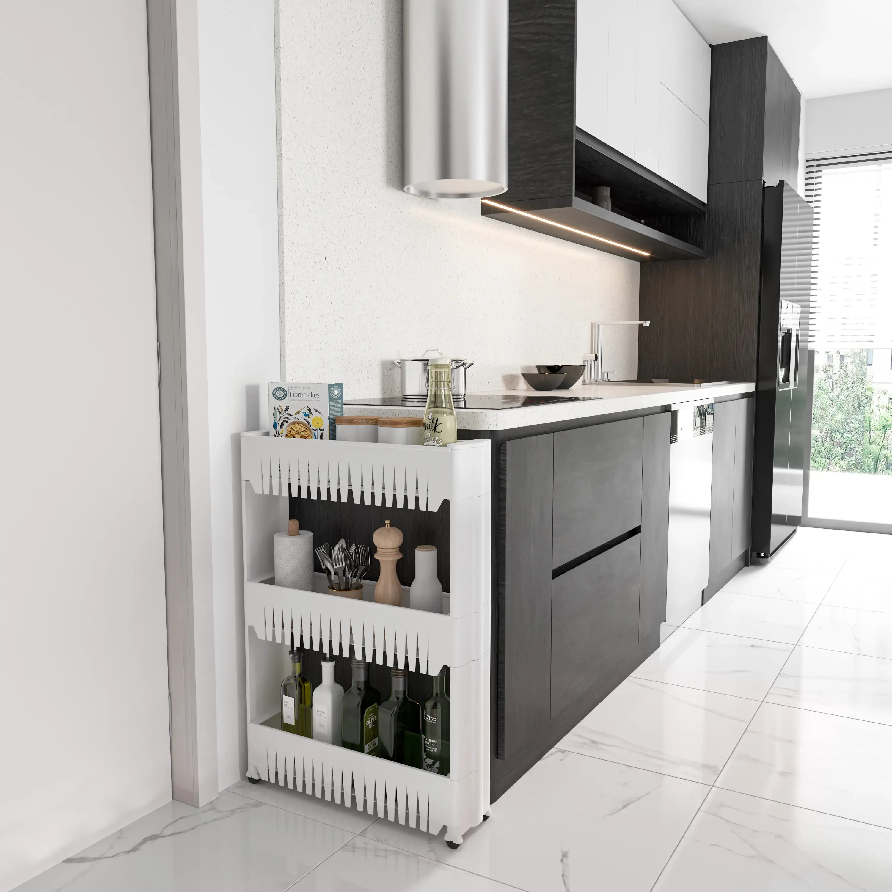 Carrellino con 3 Ripiani Salvaspazio Scaffale Portaoggetti Per Cucina Soggiorno Bagno Portaoggetti Con Rotelle 54 x 12,5 x 72 cm Colore Bianco
