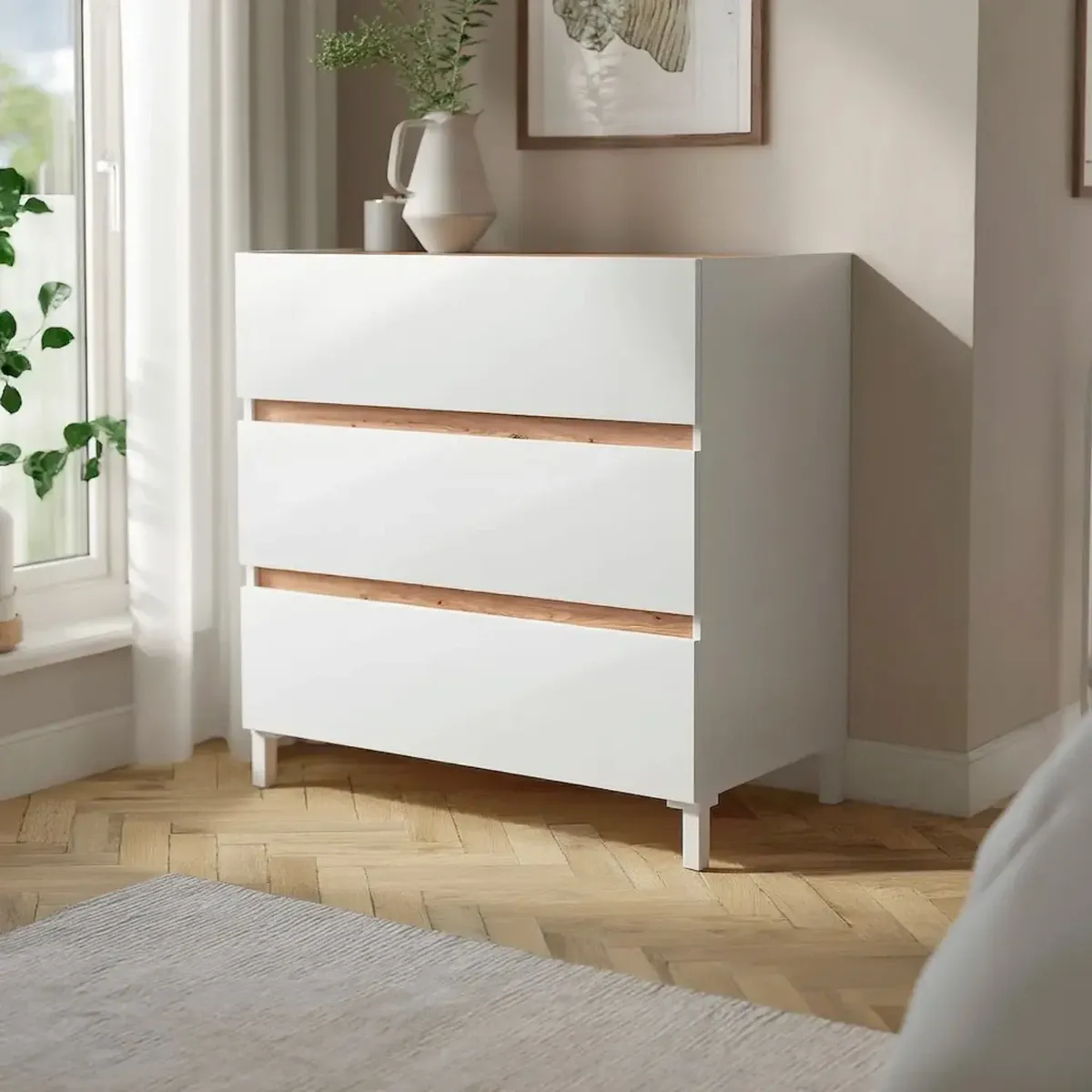 Cassettiera Stile Nordico A 3 Cassetti Gambe Rialzate E Guide Metalliche Mobile Camera da Letto Con Ampio Spazio Contenitivo Design Moderno-Bianco e rovere-79 x 90.5 x 41 Cm