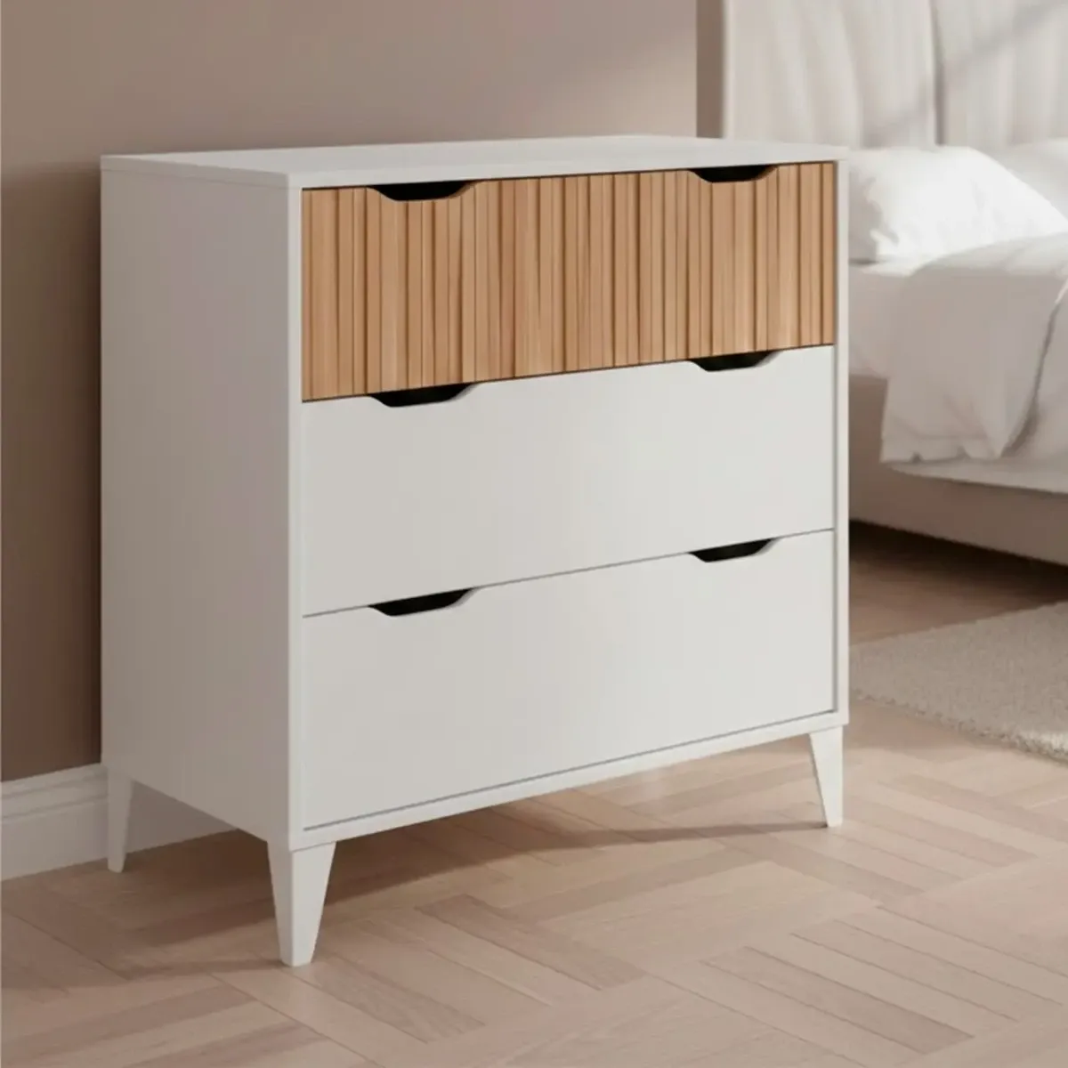 Cassettiera Stile Nordico Con 3 Cassetti Mobile Per Camera Da Letto Moderna Con Gambe Rialzate Mobile Design Scandinavo Zona Notte Salvaspazio 70.5 x 76 x 40 Cm-Bianco e rovere