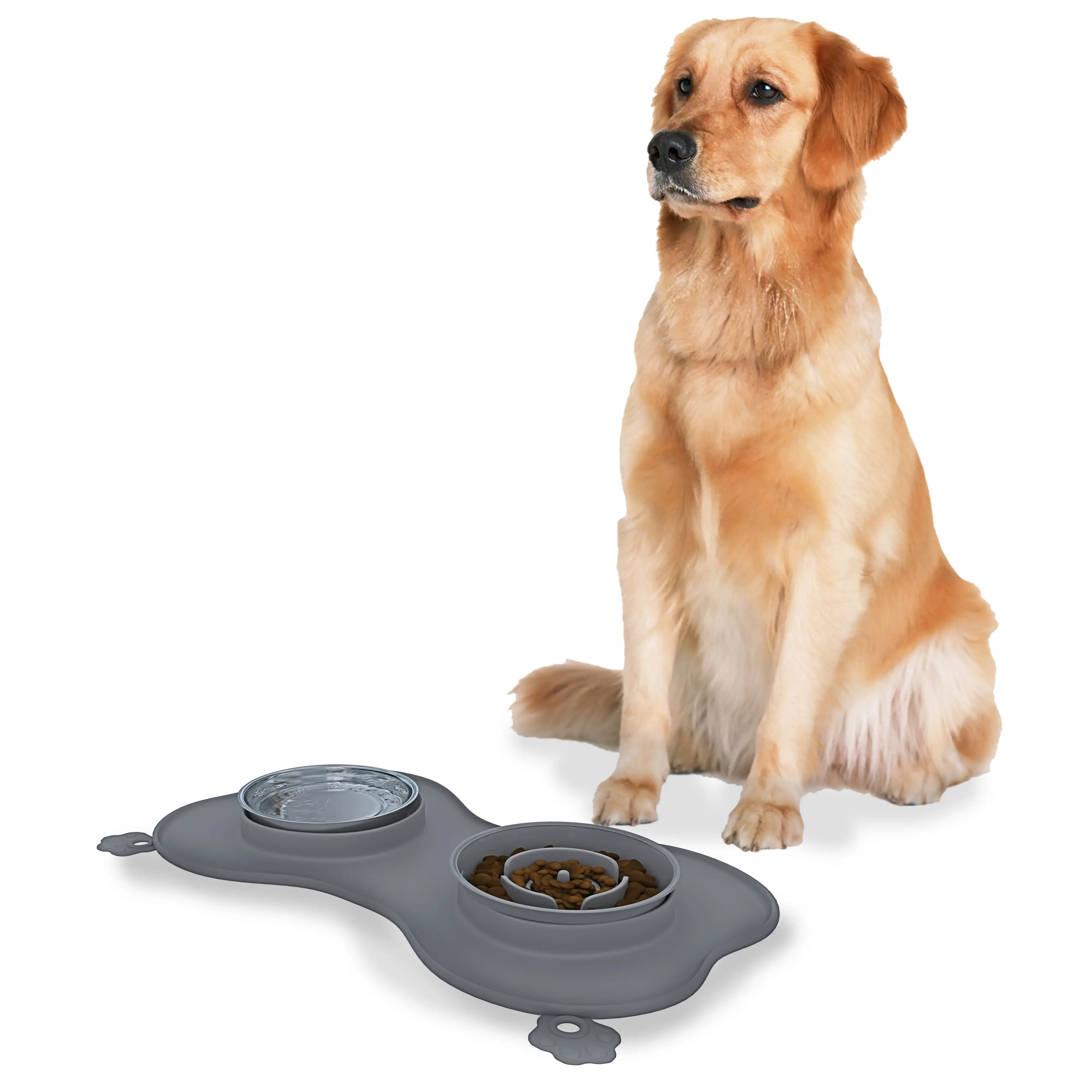 Ciotole Per Cani Gatti 3 In 1 Ciotola Antingozzamento Alimentazione Lenta Ciotola Acqua In Acciaio Inox Tappetino In Silicone Sottociotola Antiribaltamento Antiscivolo Con Ventose (35 x 25 Cm, Grigio)