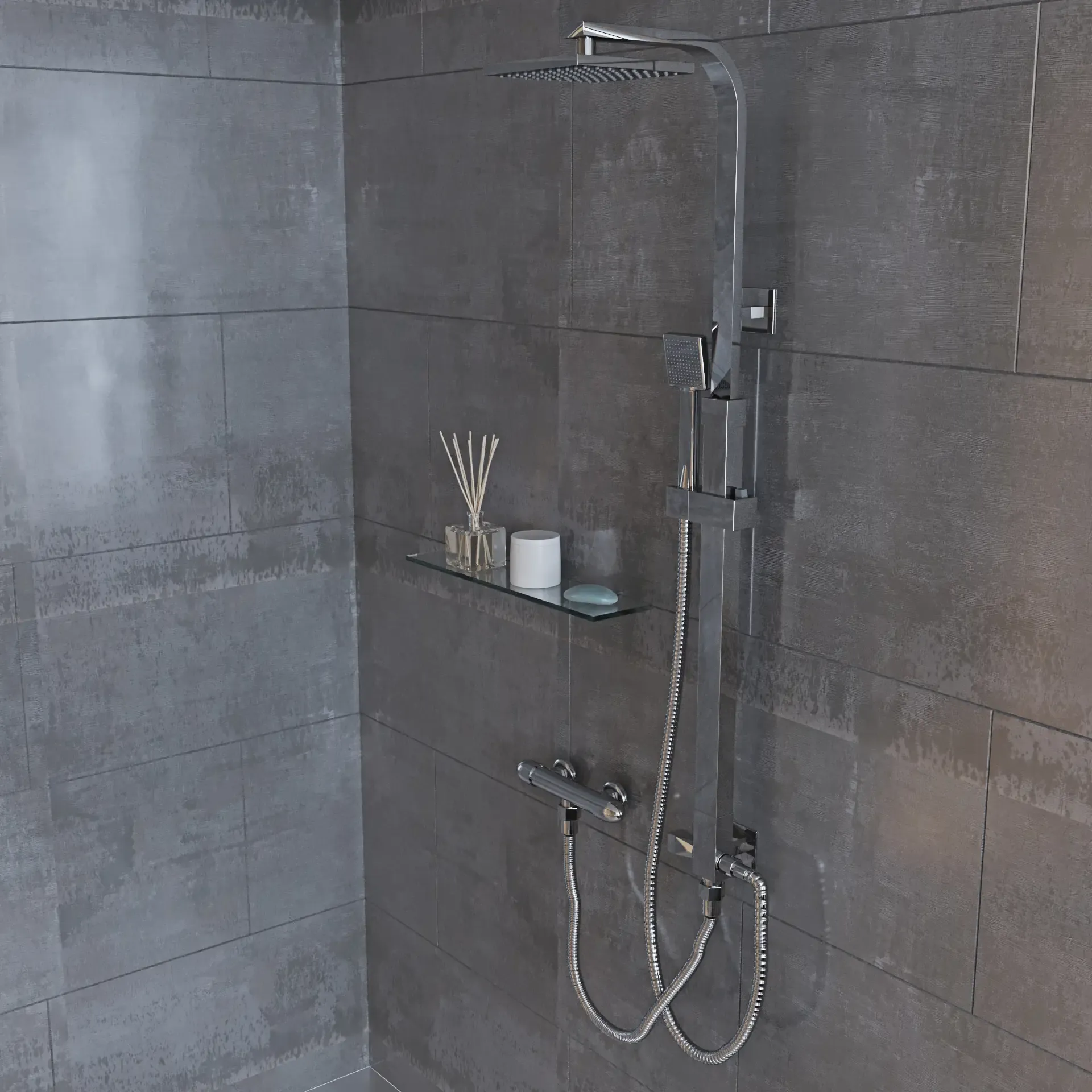 Colonna Doccia Completa In Ottone Cromato Soffione Quadrato Da 22 Cm Doccetta Set Design Moderno Multifunzione Getto A Pioggia Senza Miscelatore Asta Regolabile Da 88.5 a 120.5 Cm Skagen