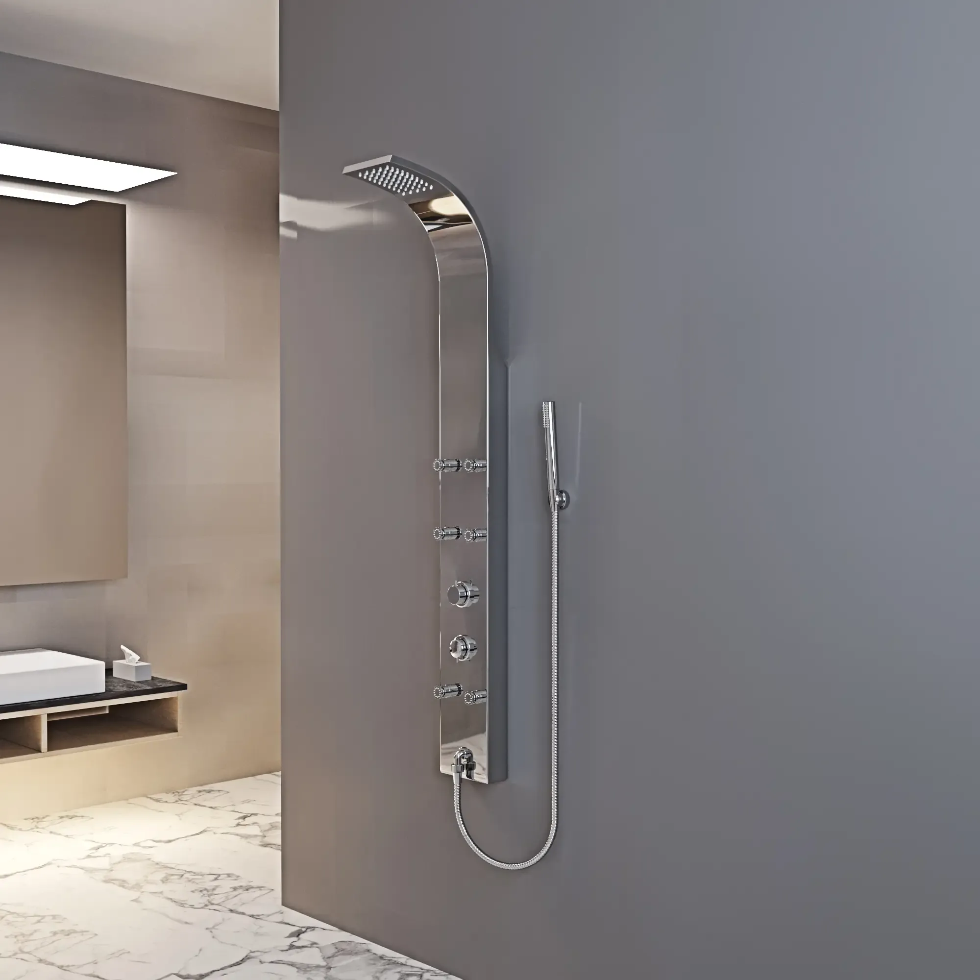 Colonna Doccia Ohio In acciaio Inox 304 Spazzolato Con Miscelatore Pannello Design Moderno Multifunzione Doccia, Soffione, Idromassaggio, Doccia A Cascata, Doccetta 140 x 16.2 x 18 cm (Argento)