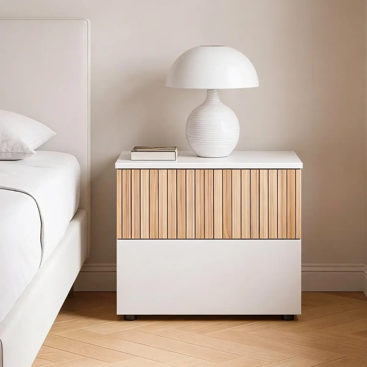 Comodino Con 2 Cassetti Stile Nordico Mobiletto Per Camera Da Letto Moderna Mobile Design Scandinavo Zona Notte Salvaspazio 50 x 41.5 x 34 Cm-Bianco