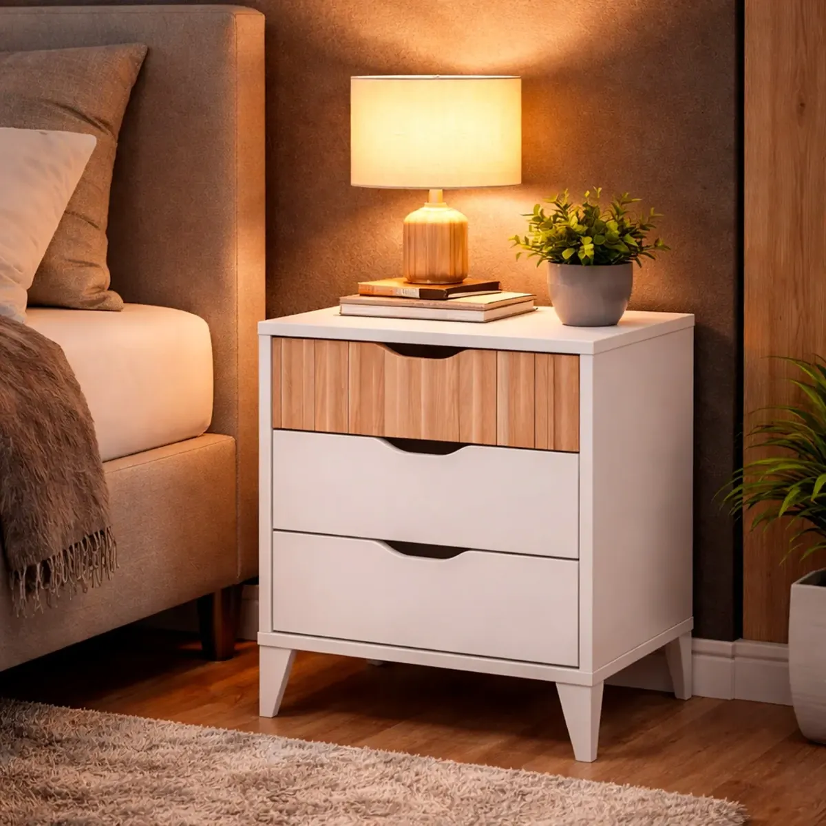 Comodino Stile Nordico Con 3 Cassetti Mobiletto Per Camera Da Letto Moderna Con Gambe Rialzate Mobile Design Scandinavo Zona Notte Salvaspazio 50 x 44 x 33 Cm-Bianco e rovere