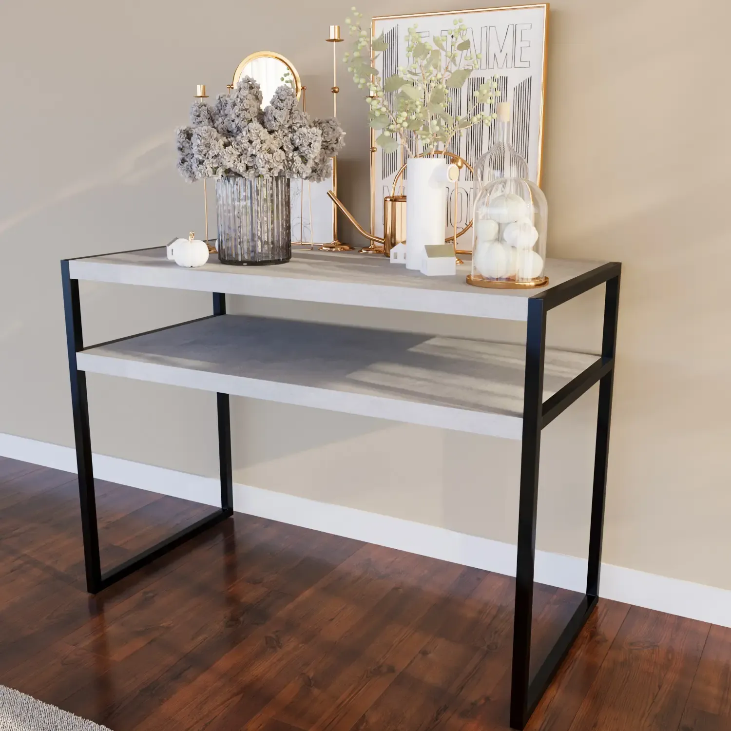 Consolle Con Ripiano Tavolo Da Ingresso Salotto Tavolino Stretto Per Sala Da Pranzo Soggiorno In Legno Con Gambe In Metallo Design Elegante E Moderno Skive 110 x 80 x 40 Cm (Grigio Cemento)