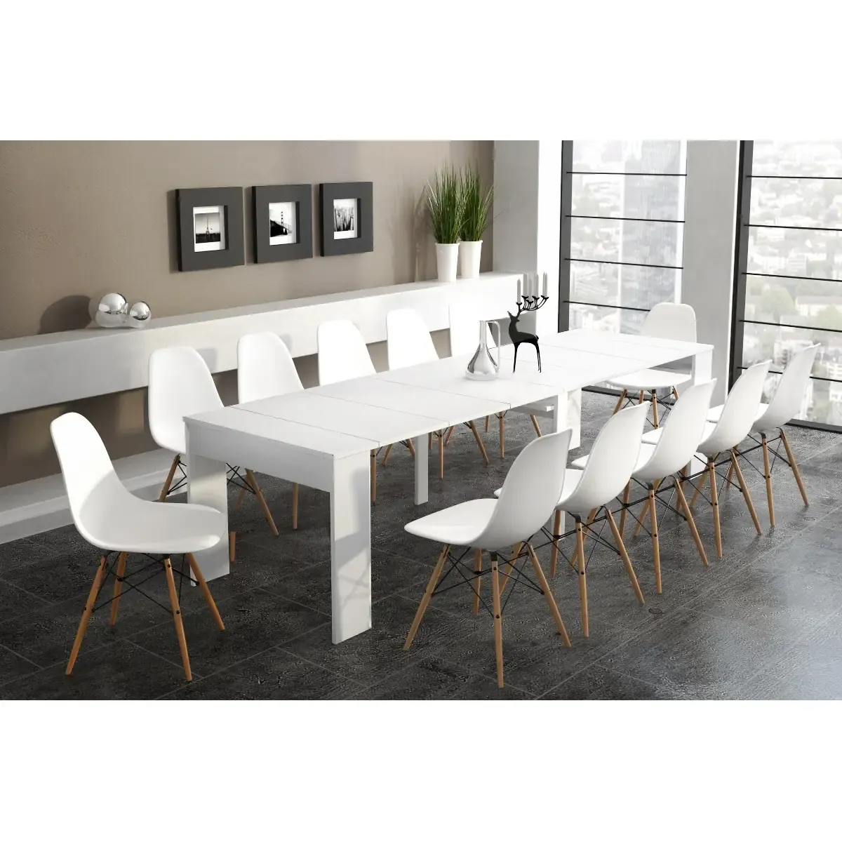 Consolle Tavolo Allungabile Estensibile Moderno Da 50 A 302 cm Con 6 Allunghe Ideale Per 14 posti Guide In Metallo Design Salvaspazio Soggiorno Salotto Cucina Ingresso Bianco