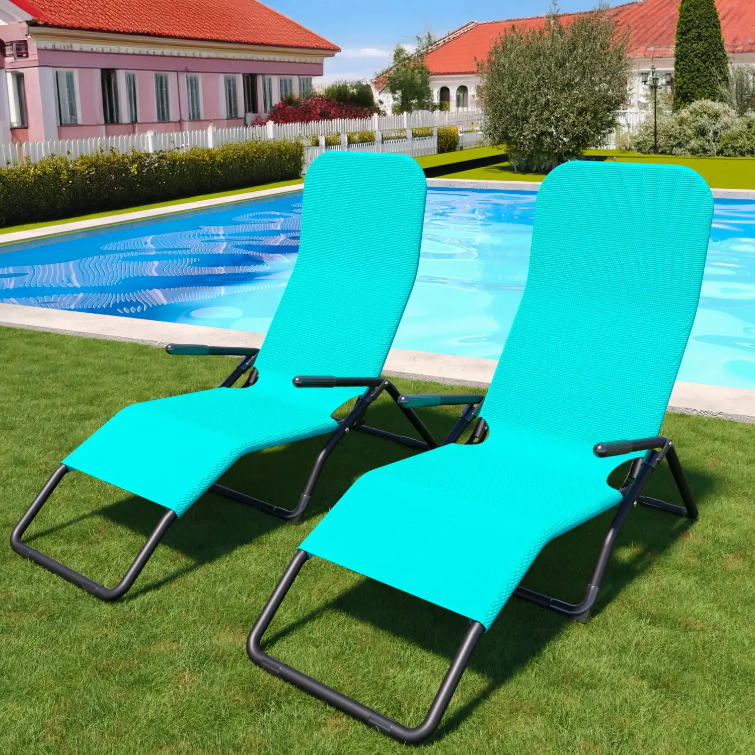 Coppia Di Lettini Basculante Pieghevole Prendisole Sedia Con Braccioli Sdraio Schienale Reclinabile Regolabile Struttura In Metallo Tubolare Spiaggia Mare Giardino 173 x 66 x 60 Cm (Verde Tiffany)