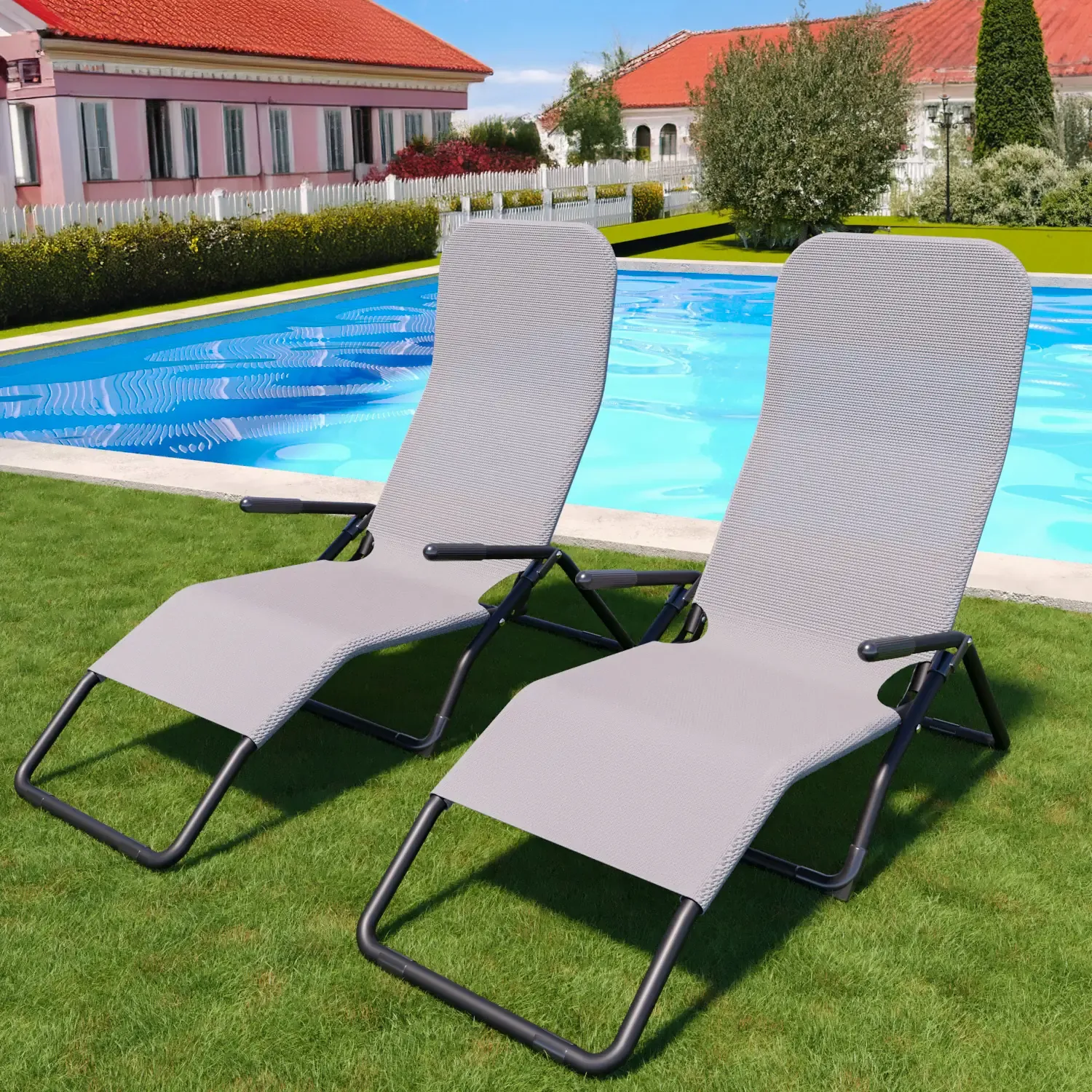 Coppia Di Lettini Basculante Pieghevole Prendisole Sedia Con Braccioli Sdraio Schienale Reclinabile Regolabile Struttura In Metallo Tubolare Spiaggia Mare Giardino Piscina 173 x 66 x 60 Cm (Grigio)
