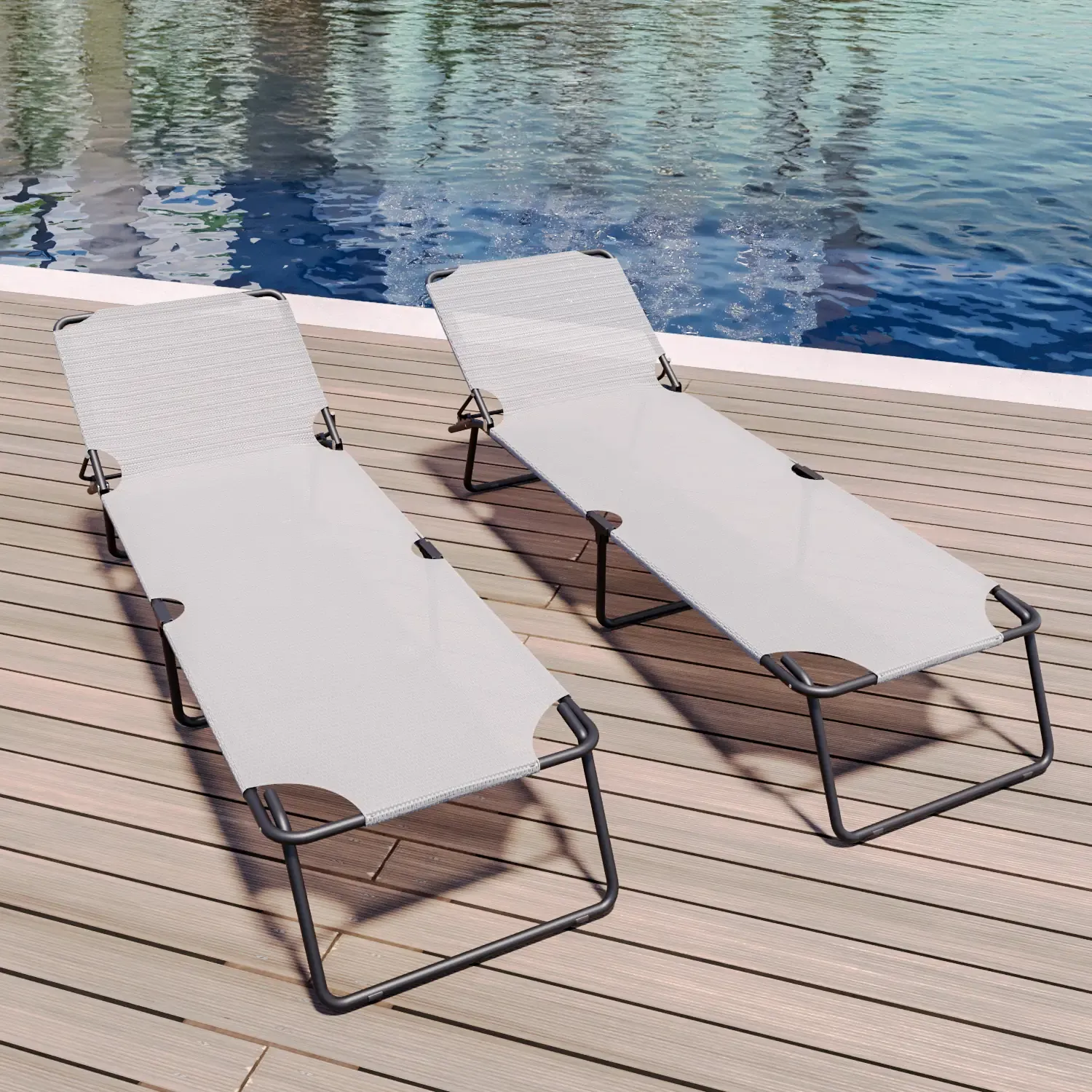 Coppia Di Lettini Pieghevoli Prendisole Senza Tettuccio Parasole Schienale Reclinabile Regolabile Struttura In Metallo Nero Sedia Sdraio Per Spiaggia Mare Giardino Piscina 187 x 53 x 24 Cm (Gray)