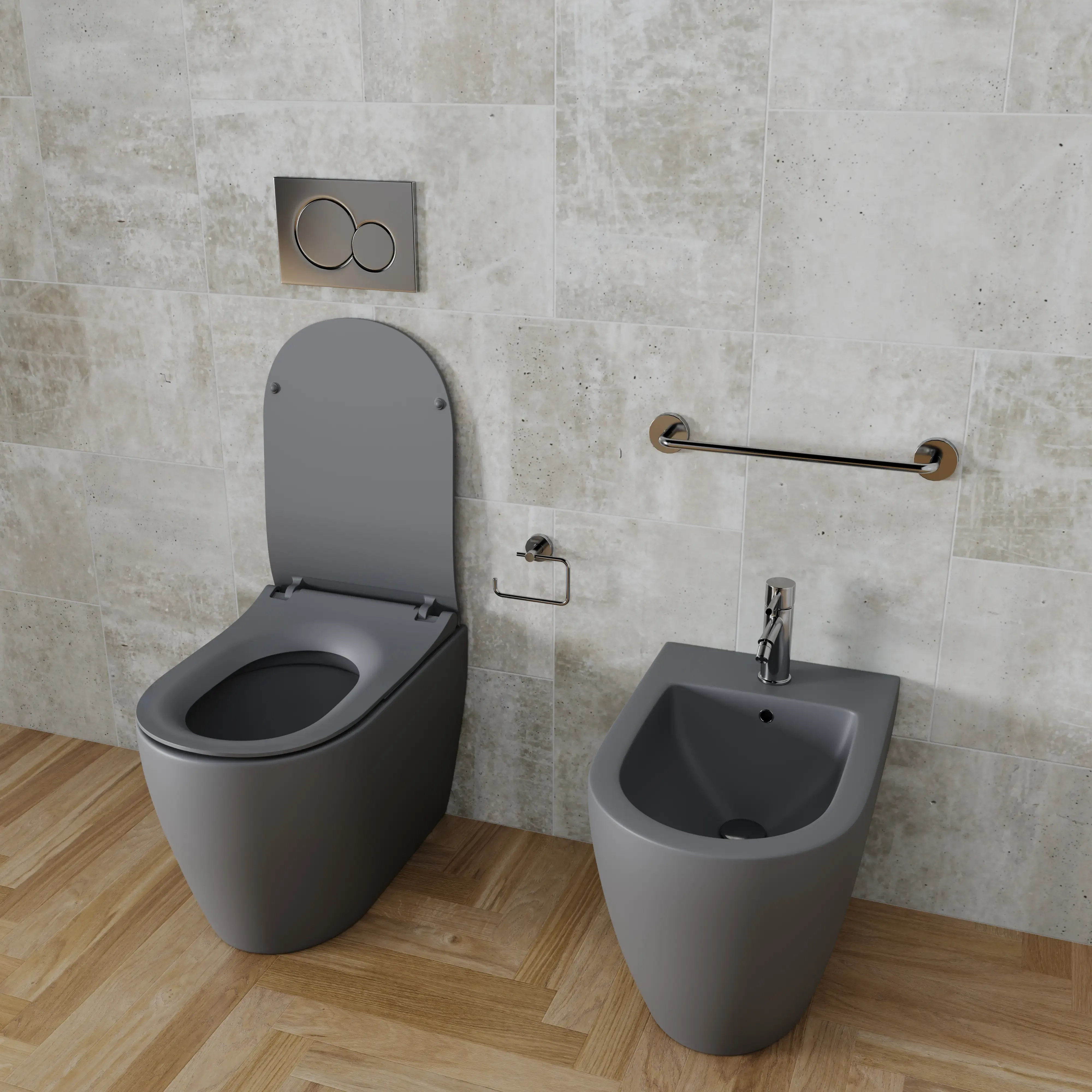 Coppia Sanitari Filomuro Filo Muro Filo Parete Vaso WC E Bidet Design Moderno In Ceramica Con Copriwater Chiusura Soft Close Chiusura Rallentata Colore Grigio Opaco